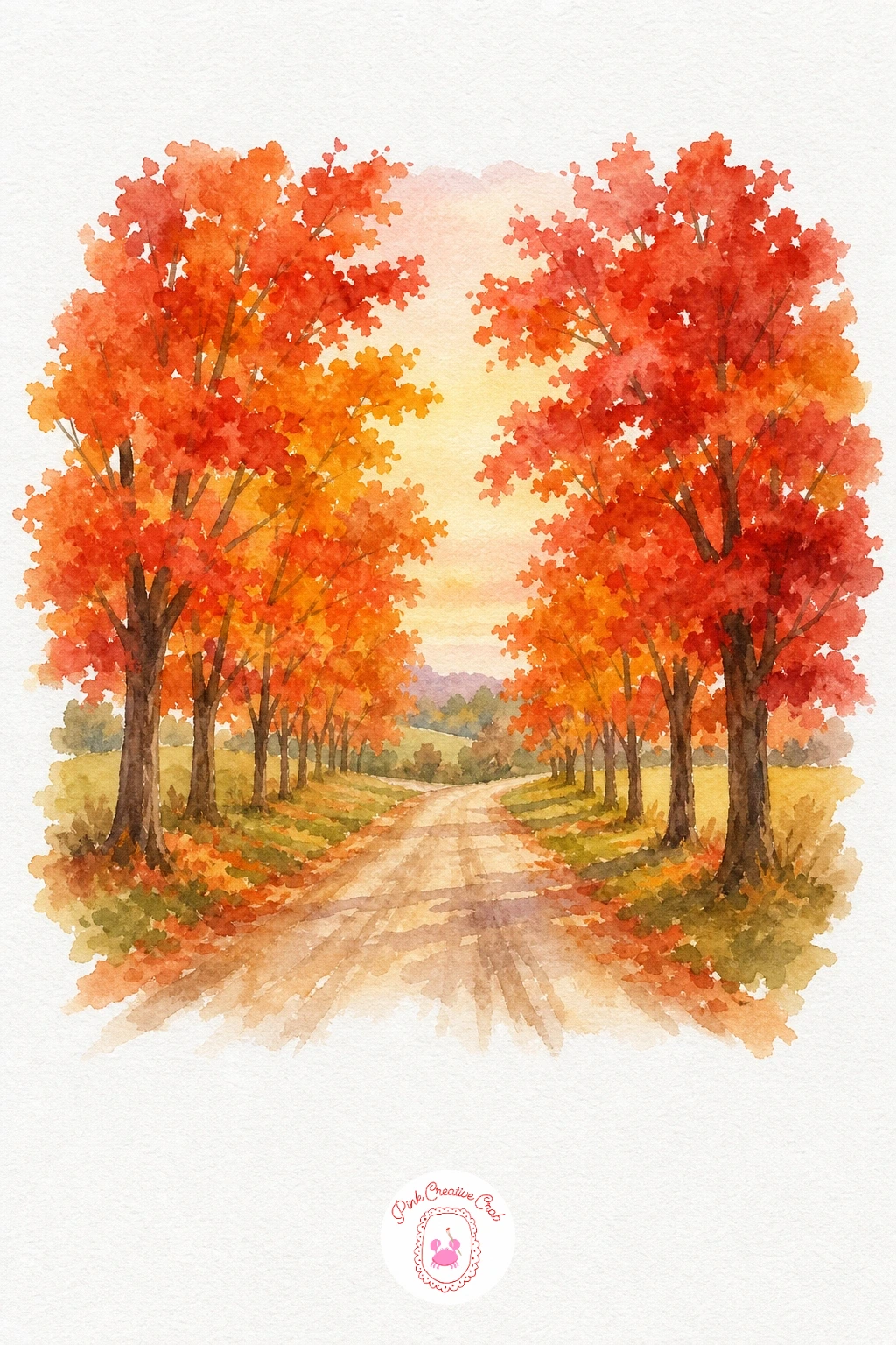 Country Road Under Maples — Start with a pale warm wash across the sky and let it dry fully before the trees go in. Autumn watercolor landscapes