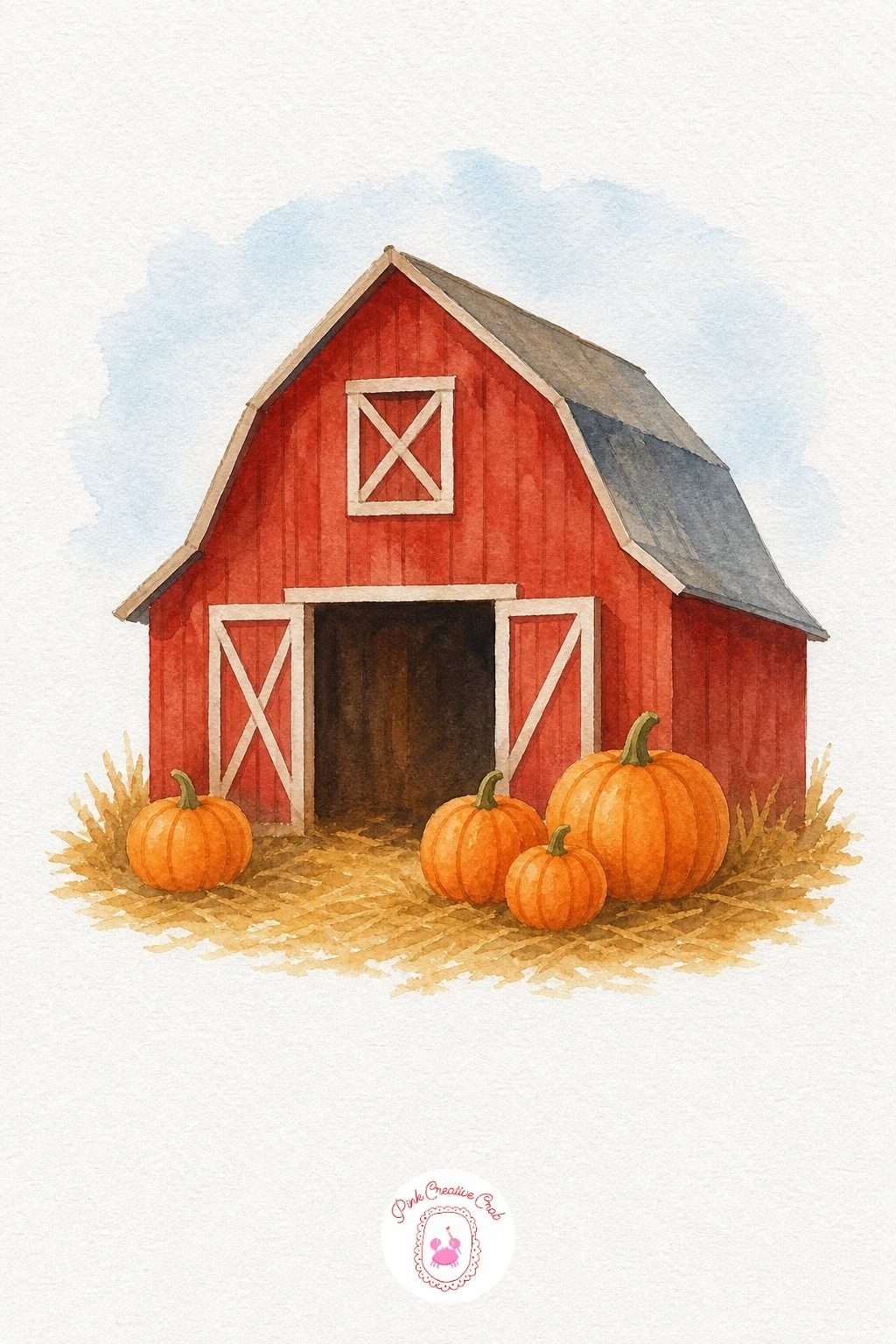Barn With Pumpkins — Wash the sky pale blue and the ground a soft straw yellow, keeping both flat and letting them dry before touching the barn. Autumn