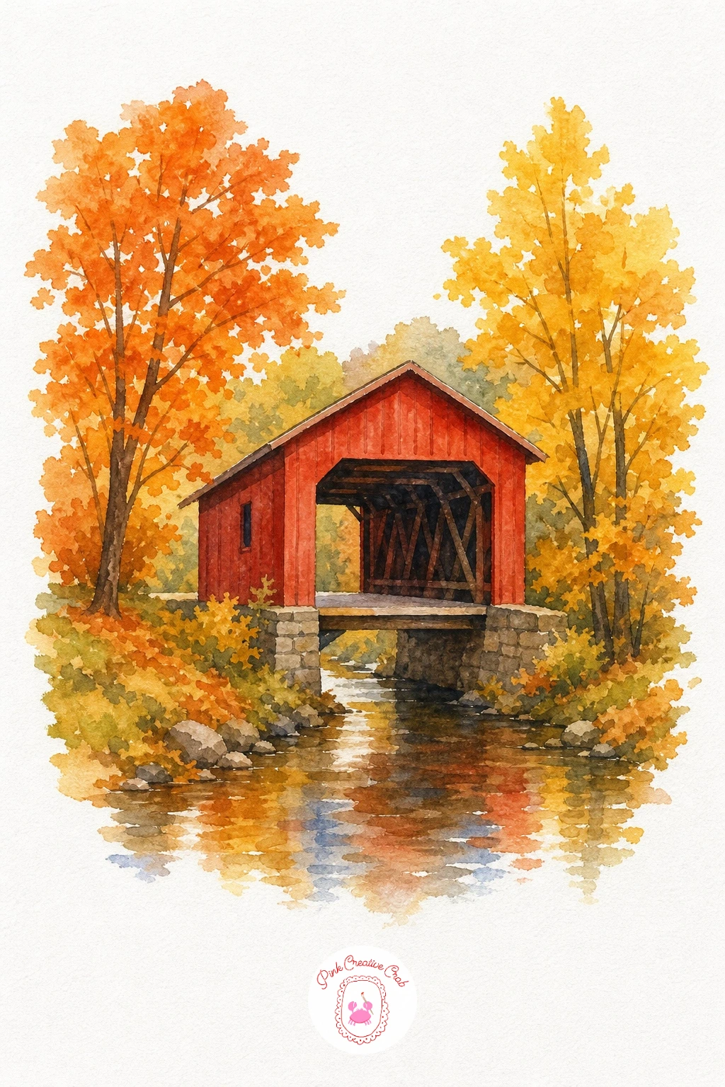 Covered Bridge in Fall — Block in the bridge's red walls and dark roof first, keeping the shapes flat and simple, then let that dry completely before working