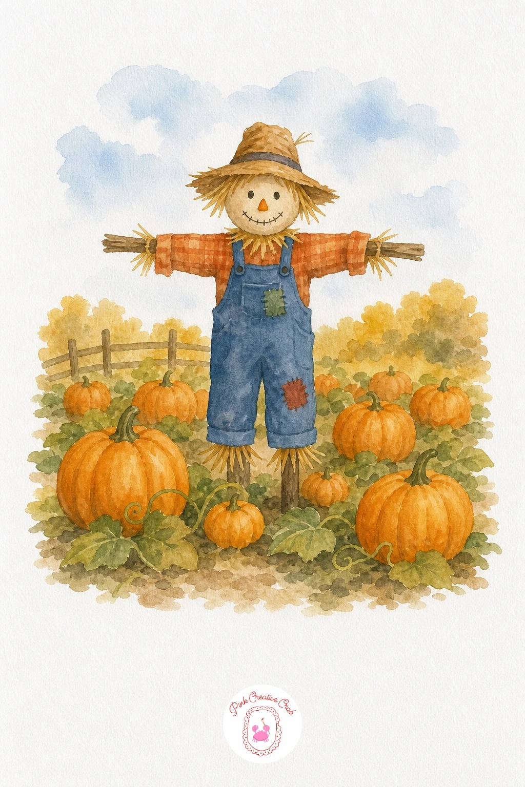 Pumpkin Patch With Scarecrow — Lay a pale gold wash over the whole field first and let it dry before the pumpkins go in, each one a separate round orange shape