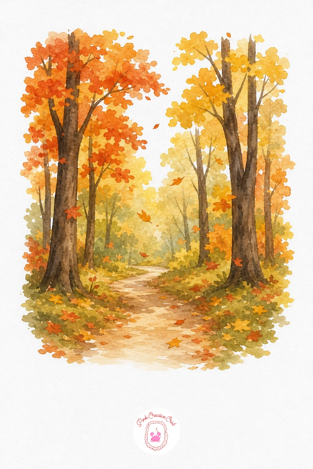 Forest Path With Falling Leaves — Wash the canopy areas above the path in overlapping gold, orange and a little red, letting the colors mix slightly where they