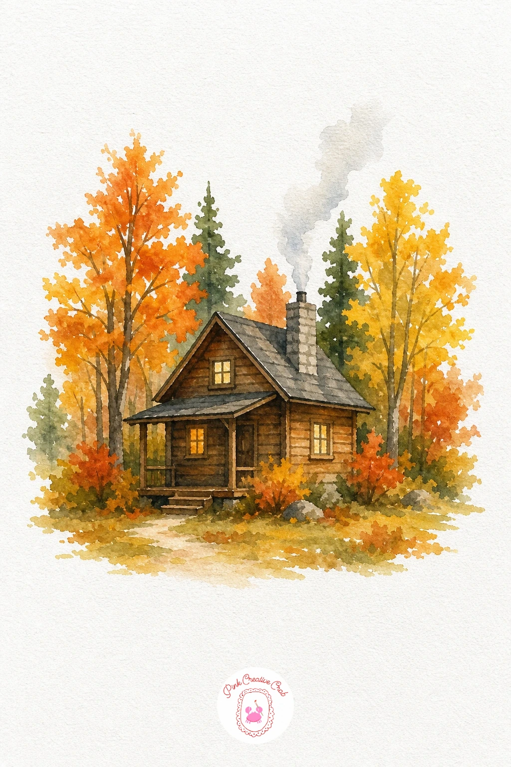 Cabin in Autumn Woods — Paint the cabin walls in warm brown first, leaving the window and door shapes white, then fill the roof with a flat grey and the