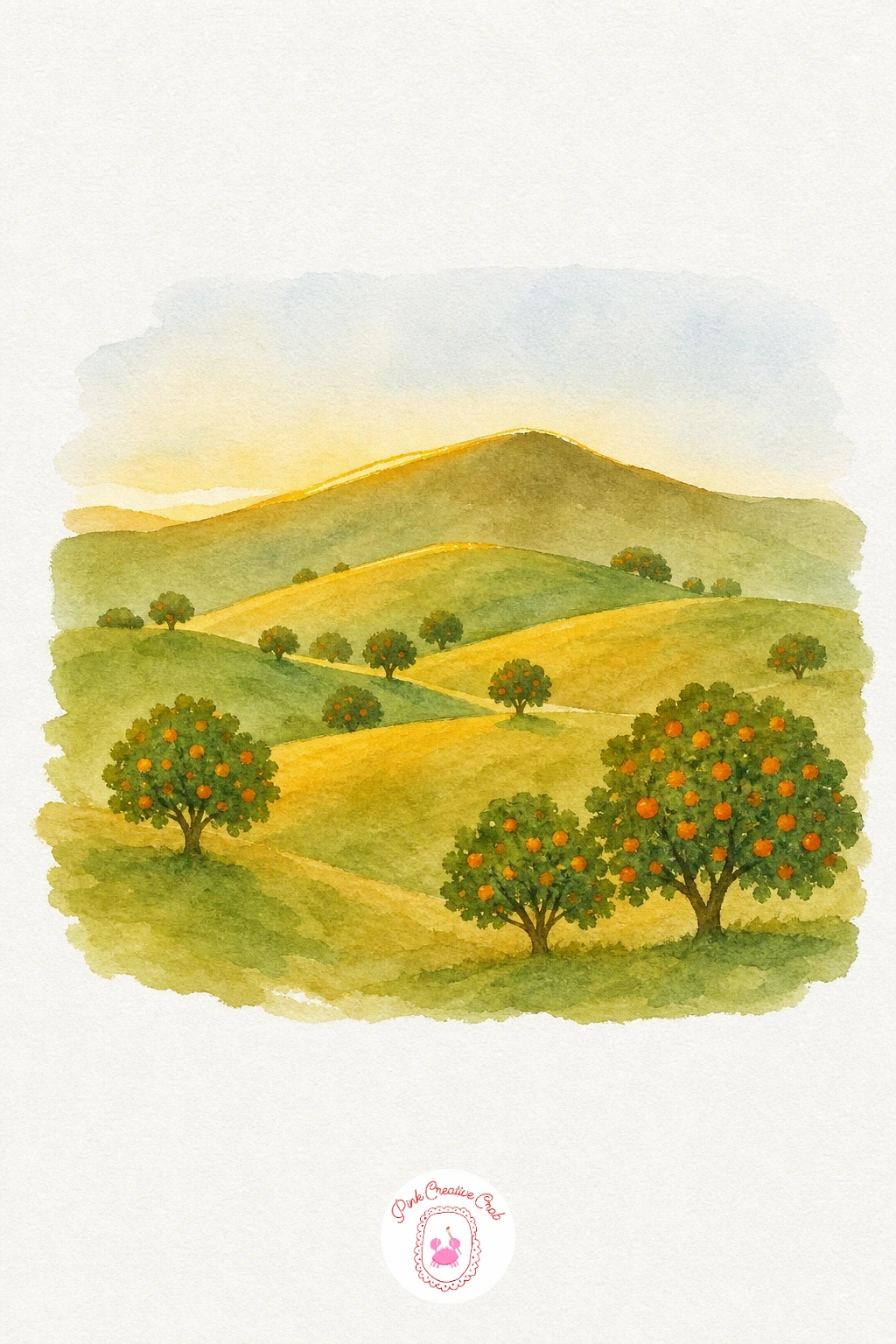 Hills With Orange Trees — Build the hills first with flat washes in soft green and muted gold, layering the furthest hill lightest and the nearest one slightly