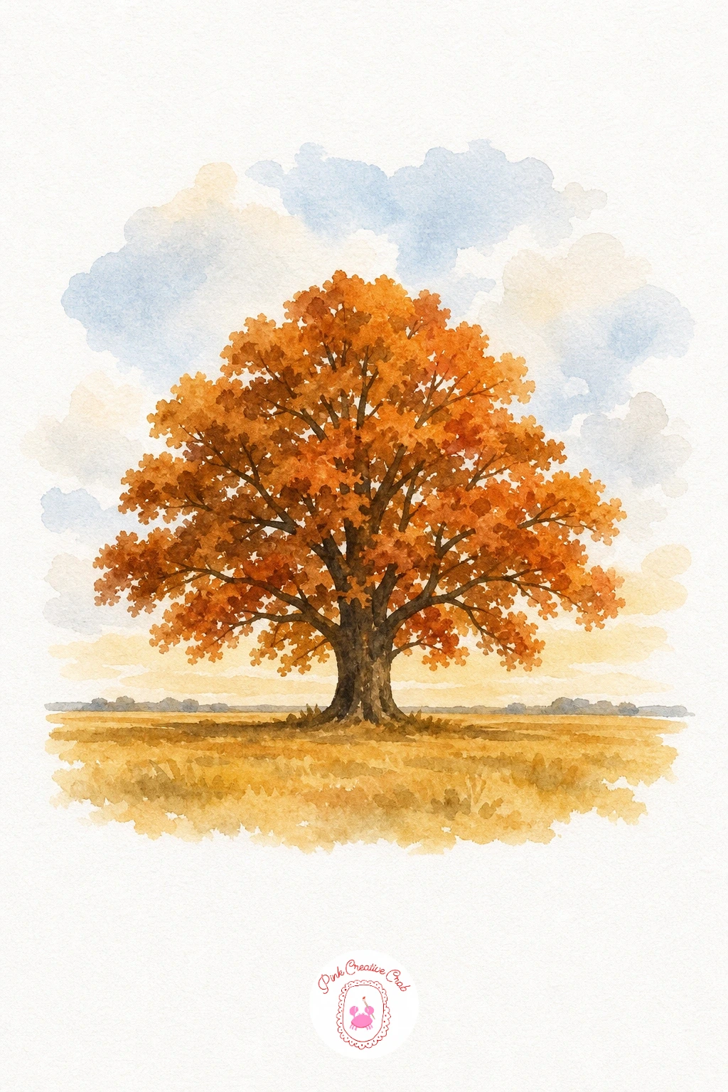 Single Oak in a Field — Wash the sky pale and the field a soft warm green first, letting both dry completely since the tree sits right in the middle of them.