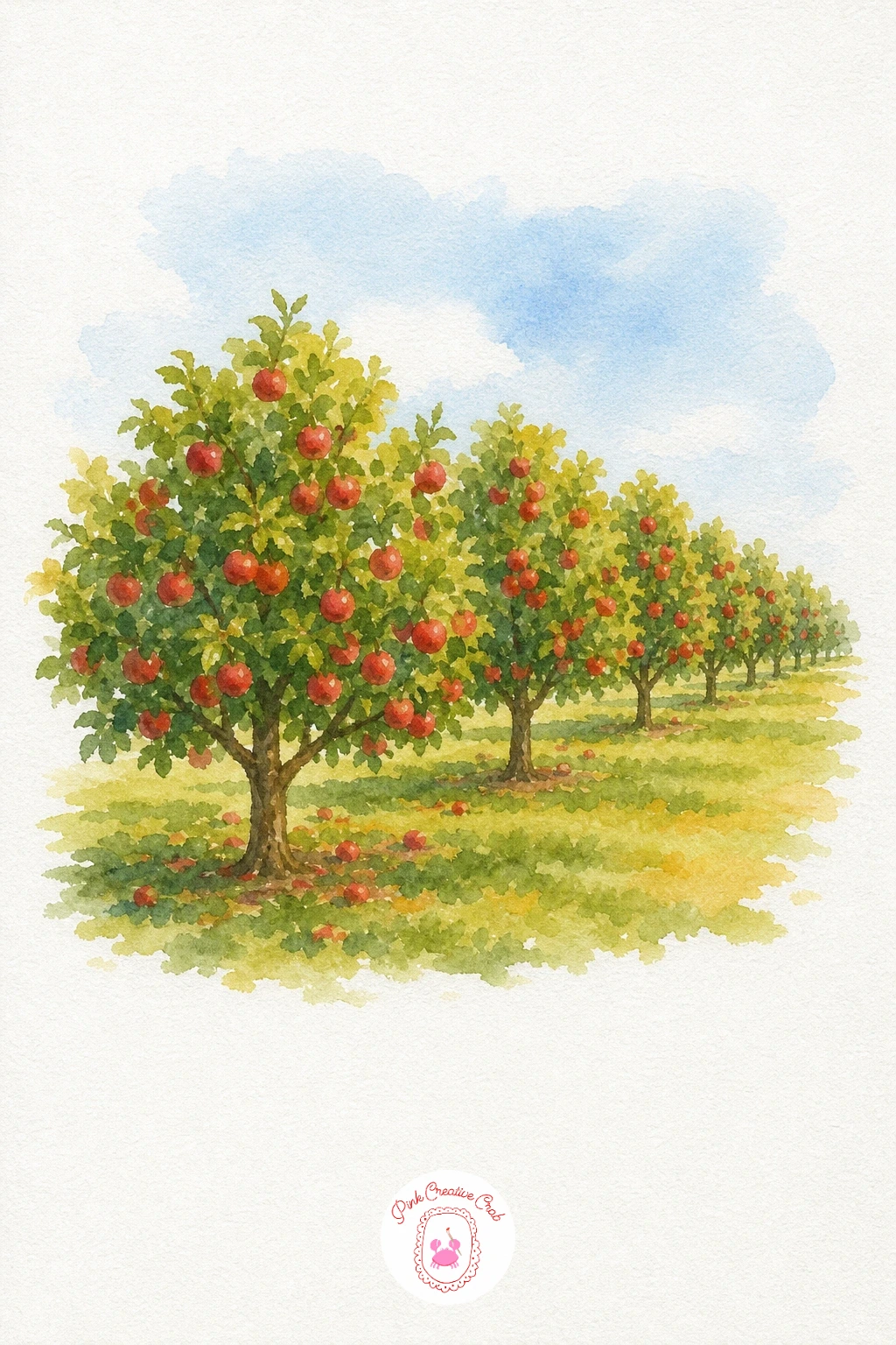 Apple Orchard Row — Paint the sky and grass in flat, pale washes first, then work on the trees once both layers are completely dry. Autumn watercolor landscapes