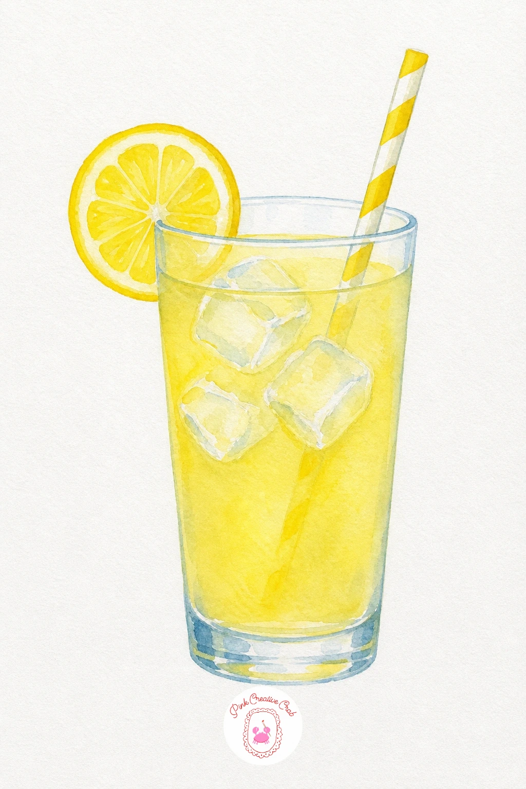 Lemonade Glass — Wash the glass with a very pale yellow, leaving small irregular white shapes for the ice cubes so they read as glass without any outline.