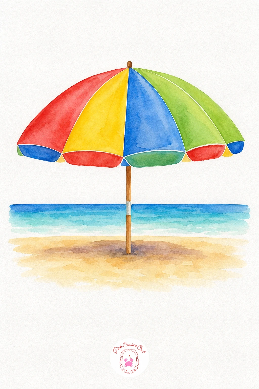 Beach Umbrella — Paint the umbrella panels one at a time in alternating bright colours, keeping each panel a flat even wash so the stripes stay crisp and