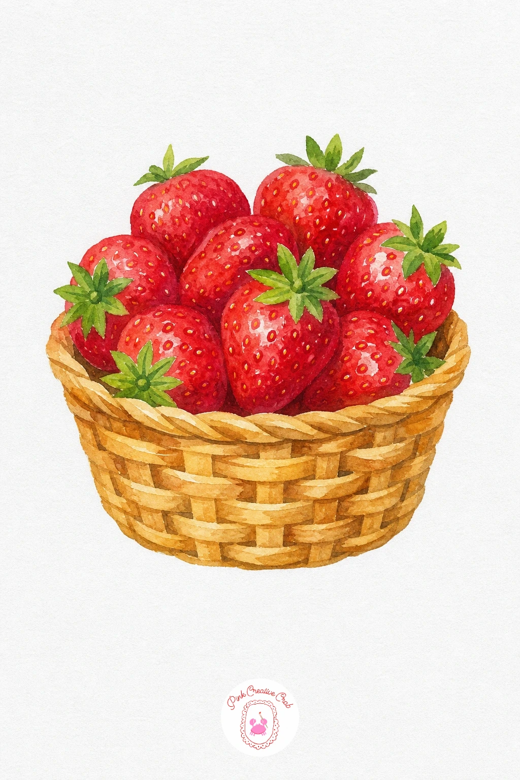 Strawberry Basket — Paint each strawberry in a bright red wash, leaving a few tiny white flecks for seeds before the paint dries completely. Summer watercolor