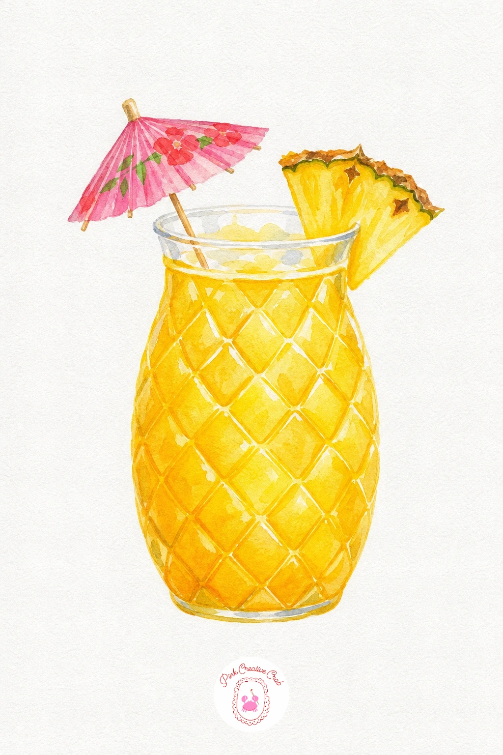 Pineapple Drink — Paint the glass itself in a golden yellow wash with a few short vertical lines of darker yellow to suggest the pineapple texture of the