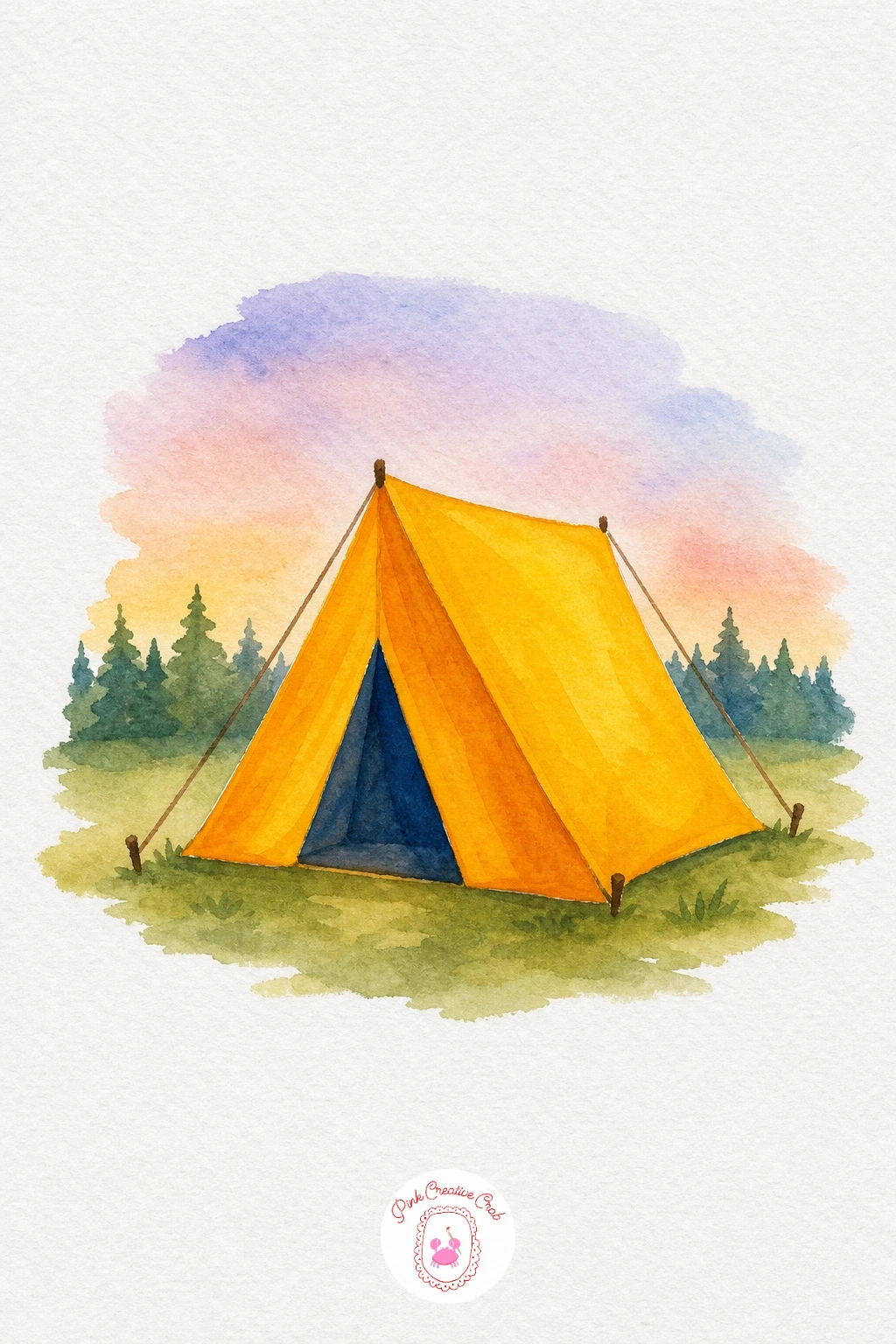Camping Tent — Paint the tent body in one bright flat colour, then while it is still slightly damp, drop a darker tone of the same colour into the doorway