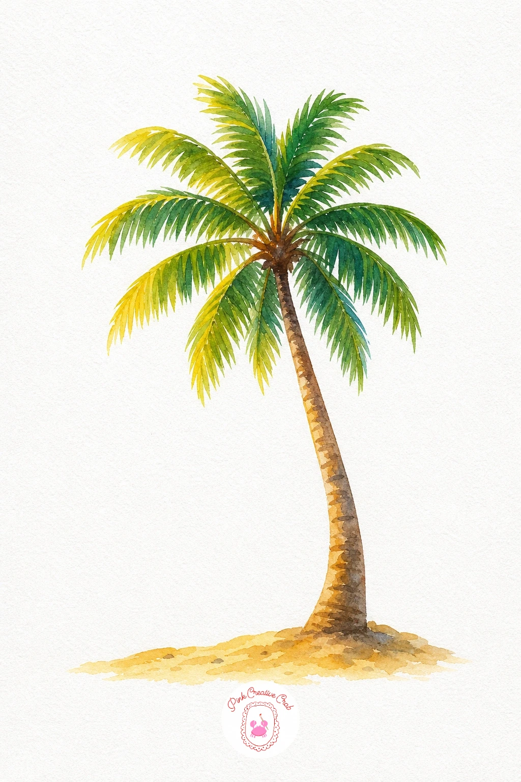 Palm Tree on Sand — Paint the trunk with a dry brush dragged upward so a little texture shows through, using two shades of brown blended while still damp.