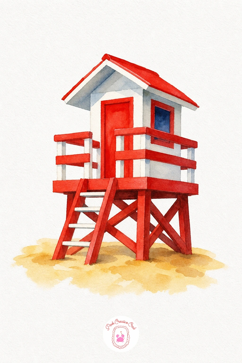 Lifeguard Tower — Paint the roof and the main cabin in bold flat red first, letting it dry completely before adding the white trim around the window so the