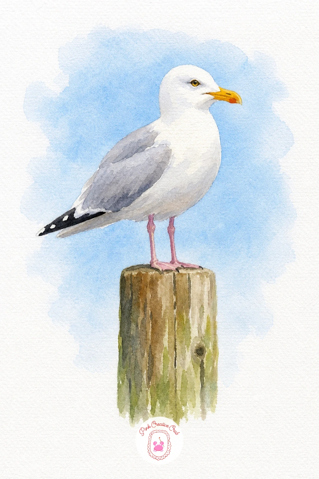 Seagull on a Post — Leave most of the gull's body as untouched white paper and paint only the soft grey shading along the wing and back in one light wash