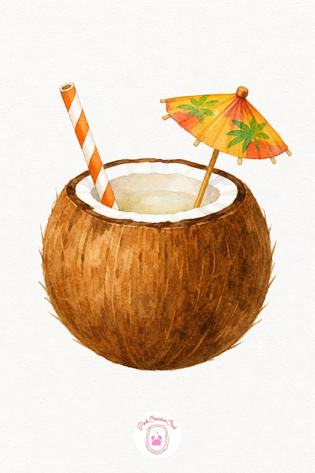Coconut Drink — Paint the coconut shell in a warm brown wash, darker toward the base, and leave the cut opening at the top as plain white paper for contrast.