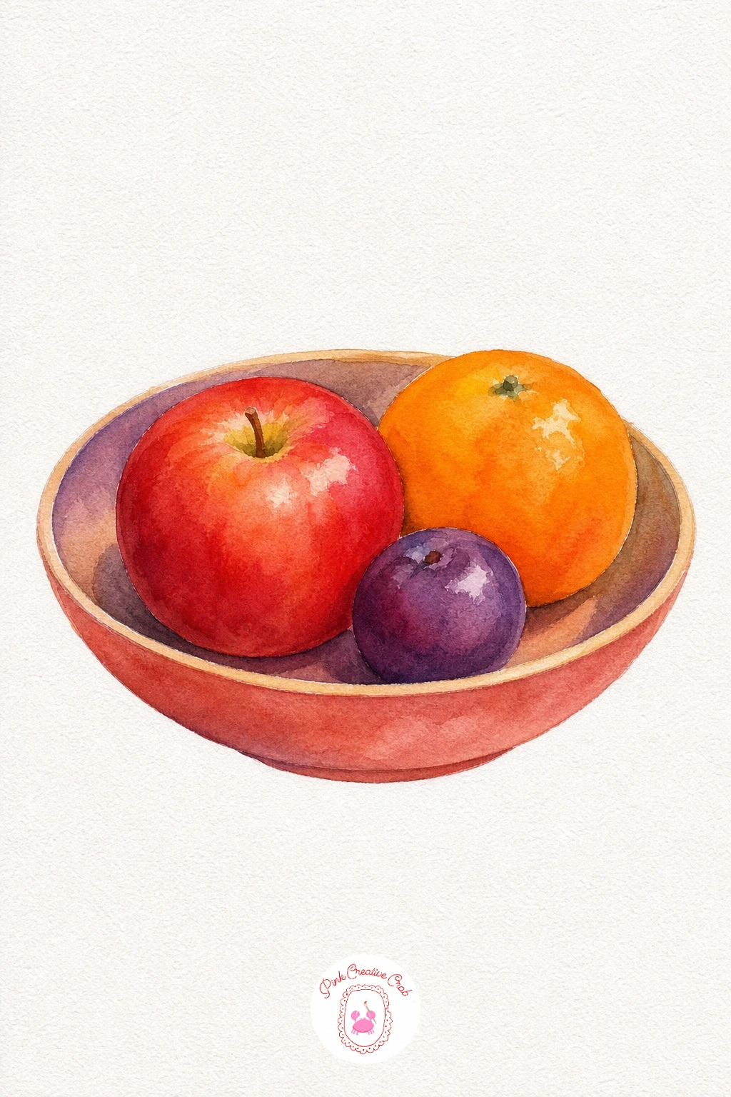 Fruit Bowl — Paint the bowl itself in a warm neutral tan first and let it dry, since it sits behind everything else. Watercolor still life