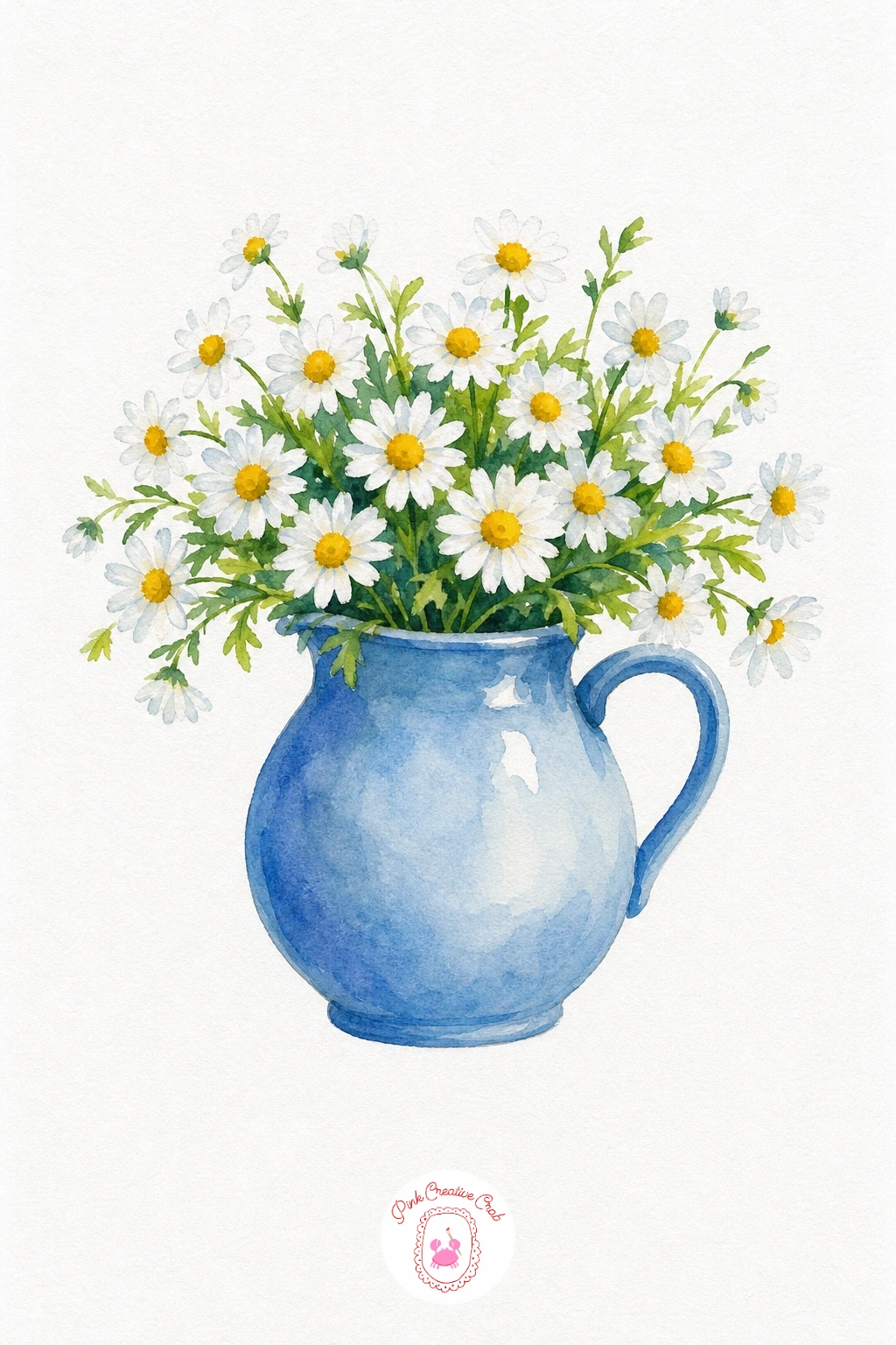 Jug With Daisies — Start with the jug in a flat pale blue wash, keeping one edge lighter to suggest the curve of the ceramic. Watercolor still life