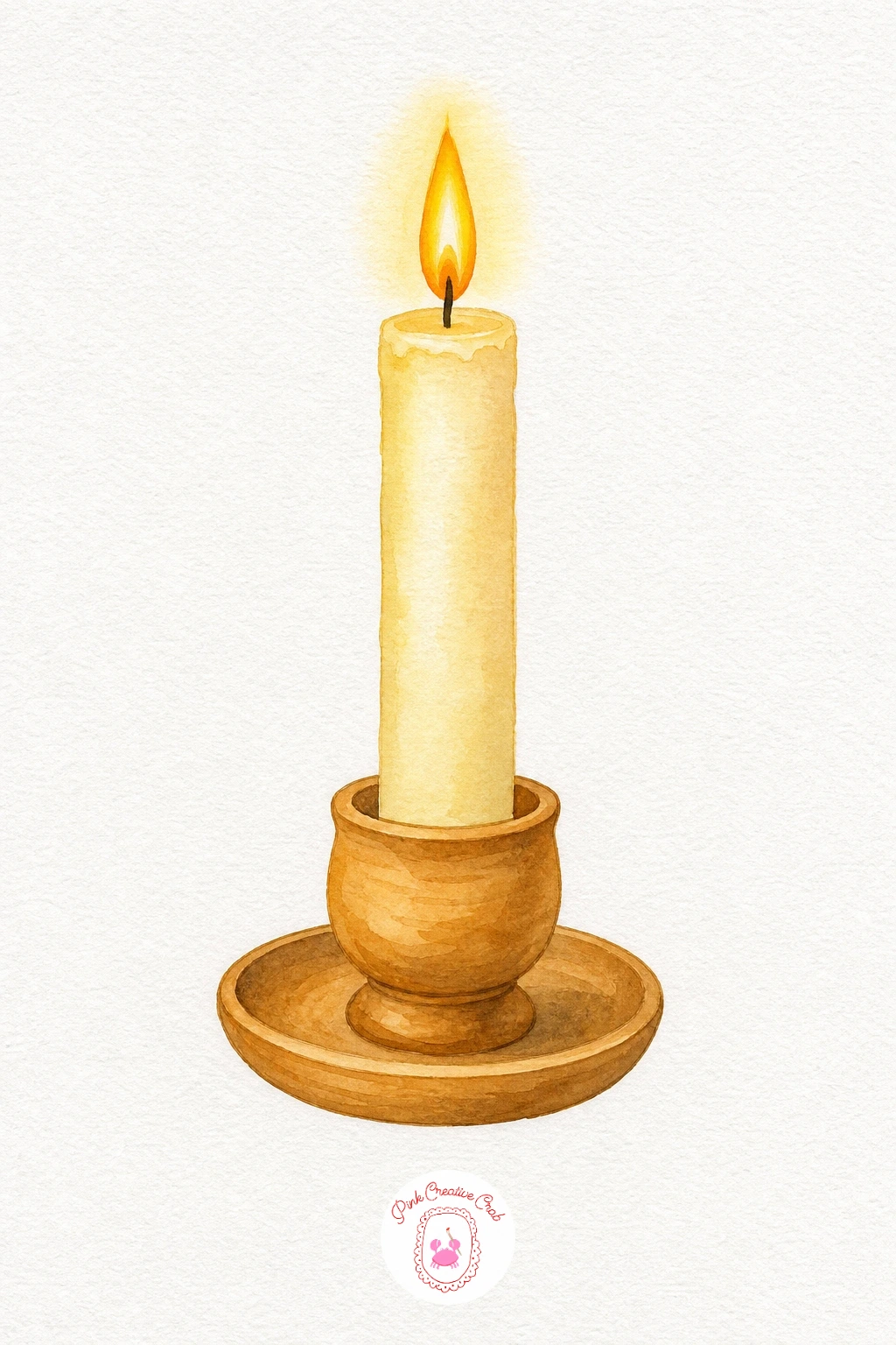 Candle in a Holder — Paint the candle body in a thin cream wash, leaving a narrow white strip down one side for the waxy shine. Watercolor still life