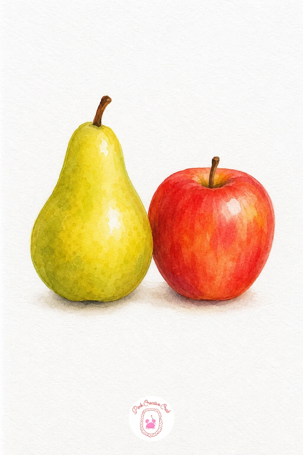Pear and Apple — Wash the pear in pale yellow green first, letting the colour pool a touch darker near its narrower top. Watercolor still life