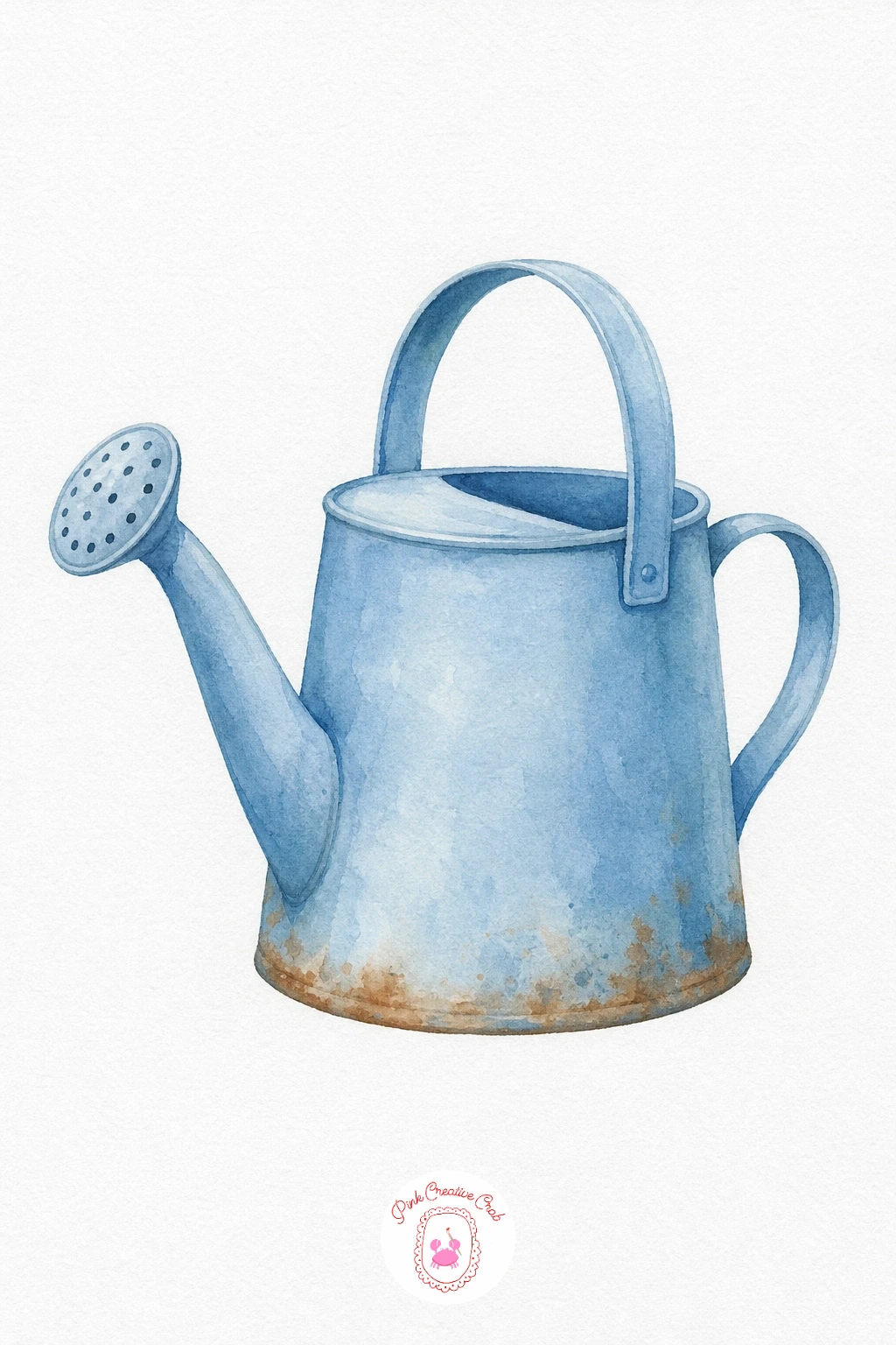 Watering Can — Paint the body of the can in one even dusty blue wash, keeping the handle and spout as thin unbroken lines of the same colour so the whole shape