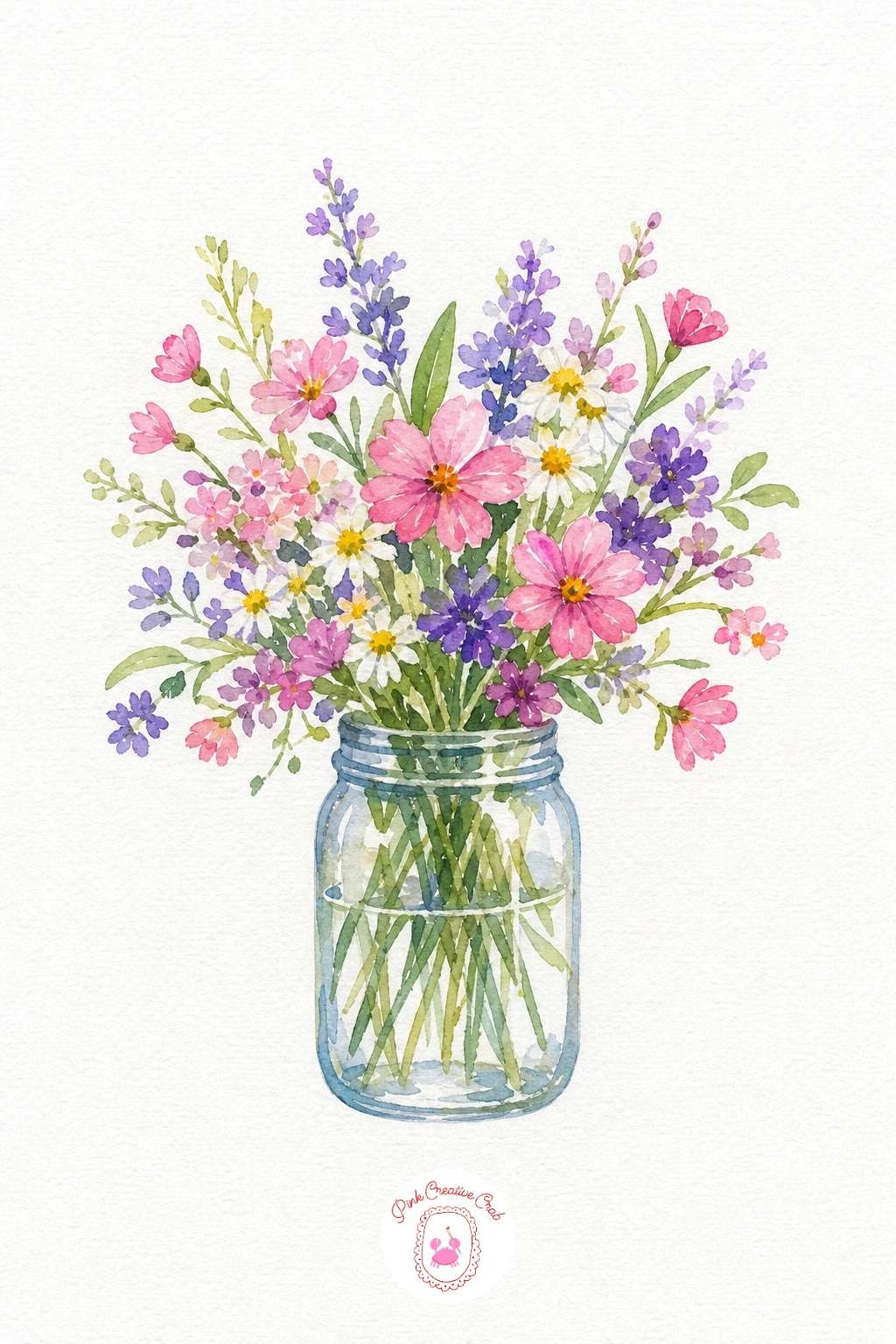 Mason Jar of Flowers — Paint the jar with the thinnest wash of grey blue, leaving most of it white paper so it still feels like clear glass, then let the stems