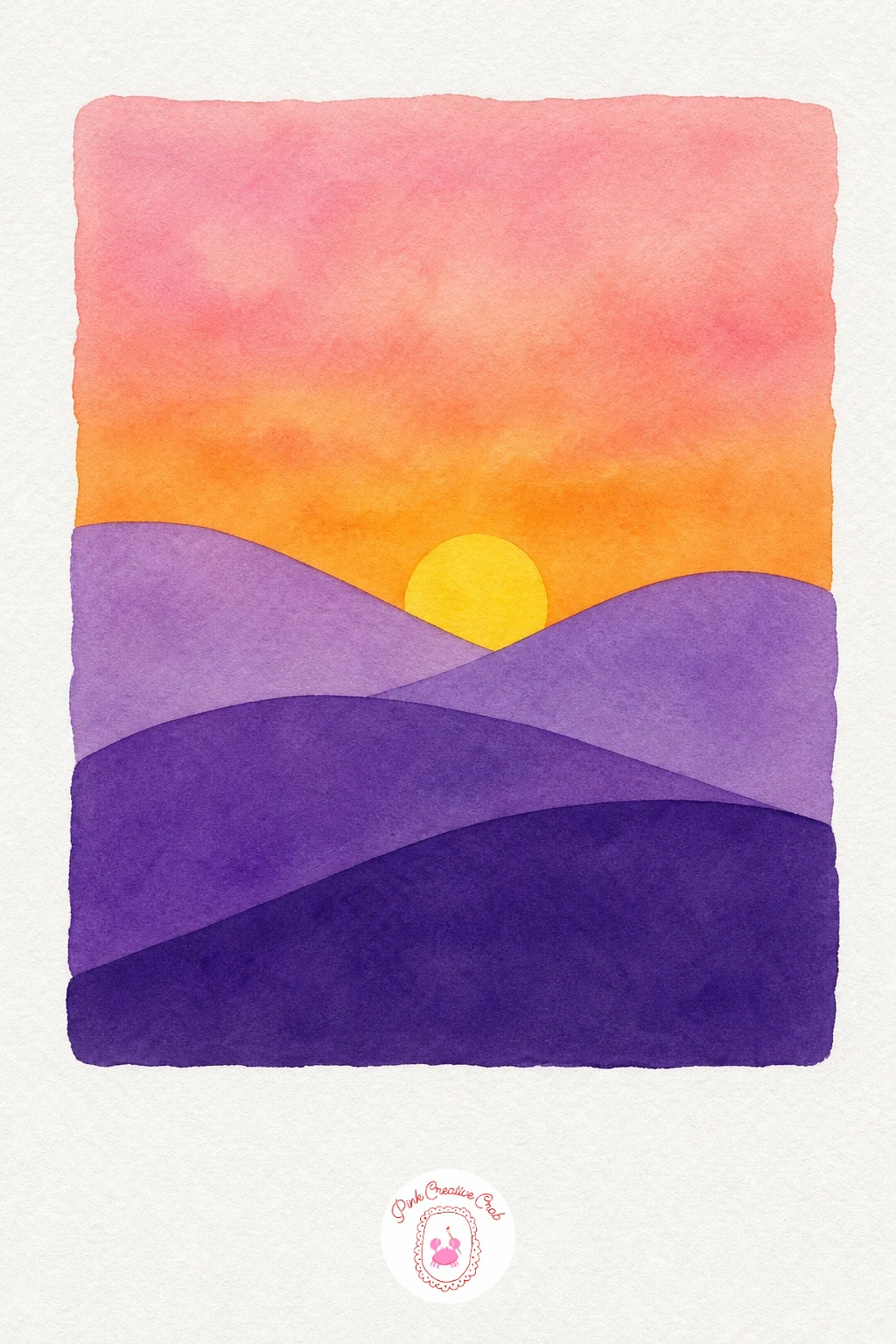 Sunset Behind Hills — Paint the sky wash first in horizontal bands of orange near the horizon fading up into pink, keeping the sun area a clean unpainted