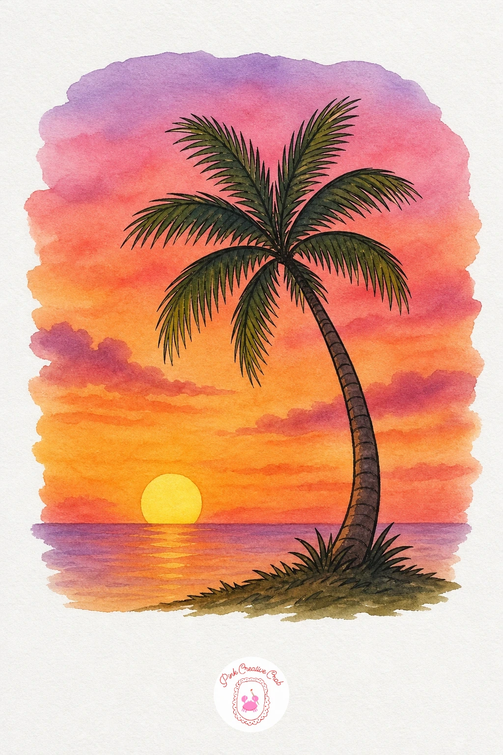 Sunset With A Palm Tree — Lay the sky wash first in warm orange and coral, keeping it loose, and paint the sun as a flat circle before the palm goes in.