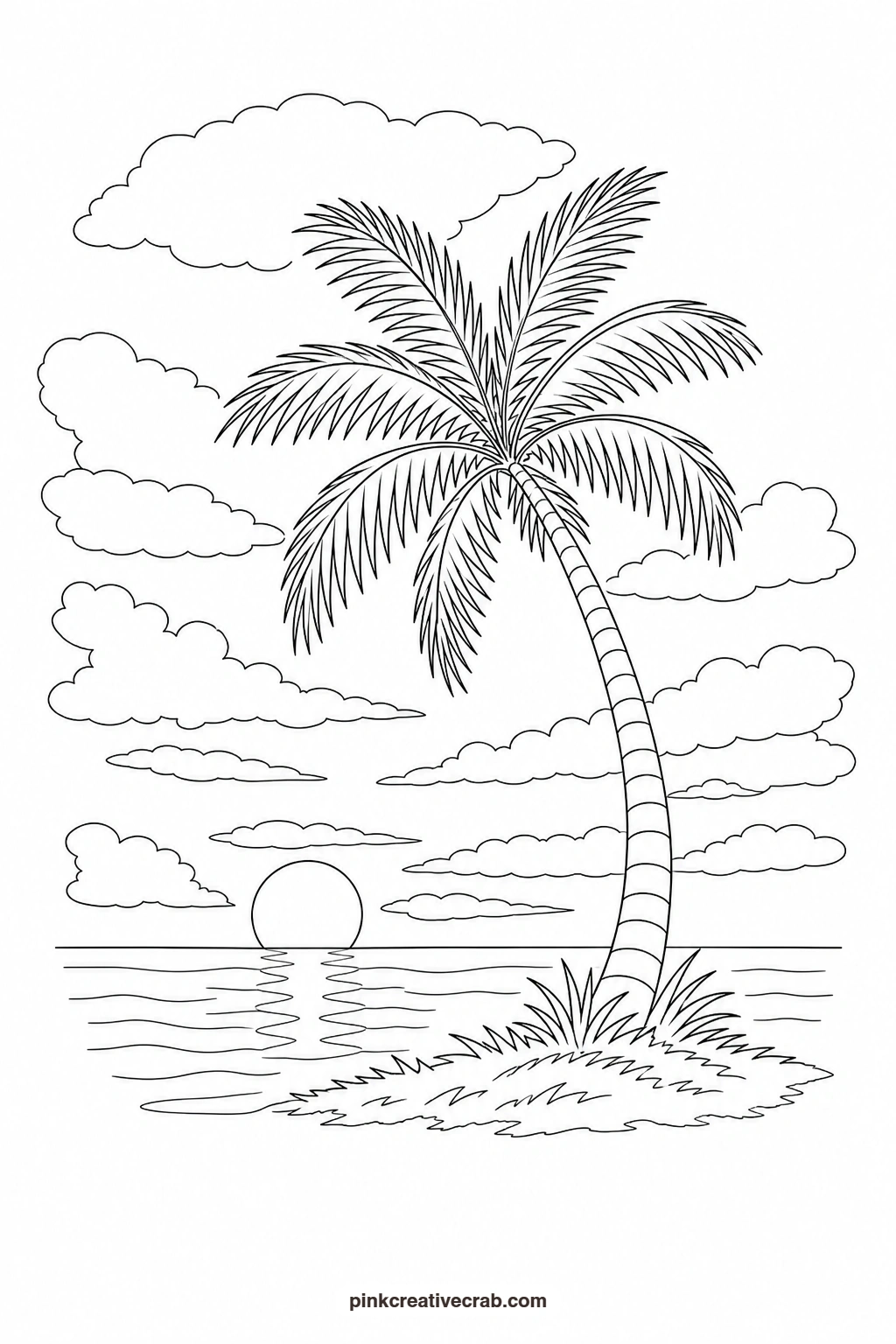 Sunset With A Palm Tree Outline printable page. Watercolor sunset