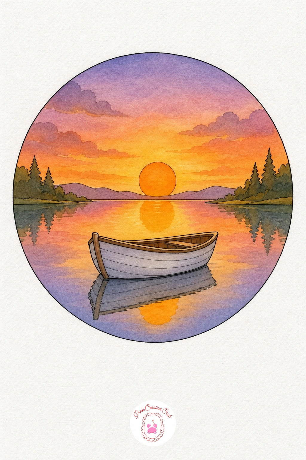Sunset Over A Lake With A Boat — Wash the sky in soft orange and pink, then flip the same colors below the horizon line for the water so the reflection matches
