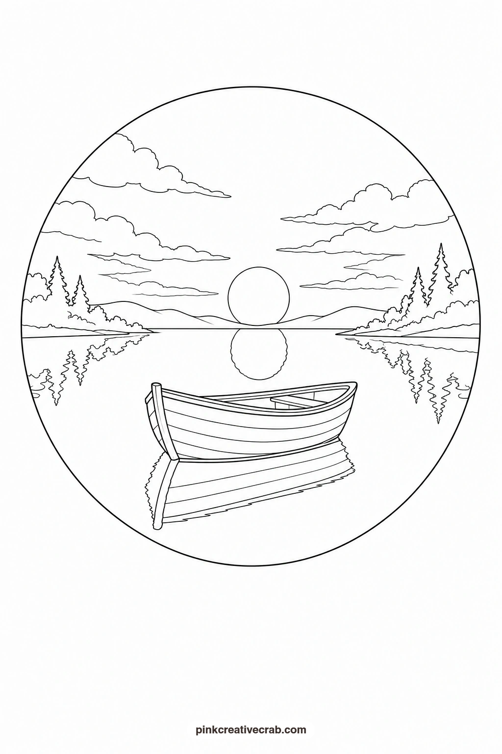 Sunset Over A Lake With A Boat Outline printable page. Watercolor sunset