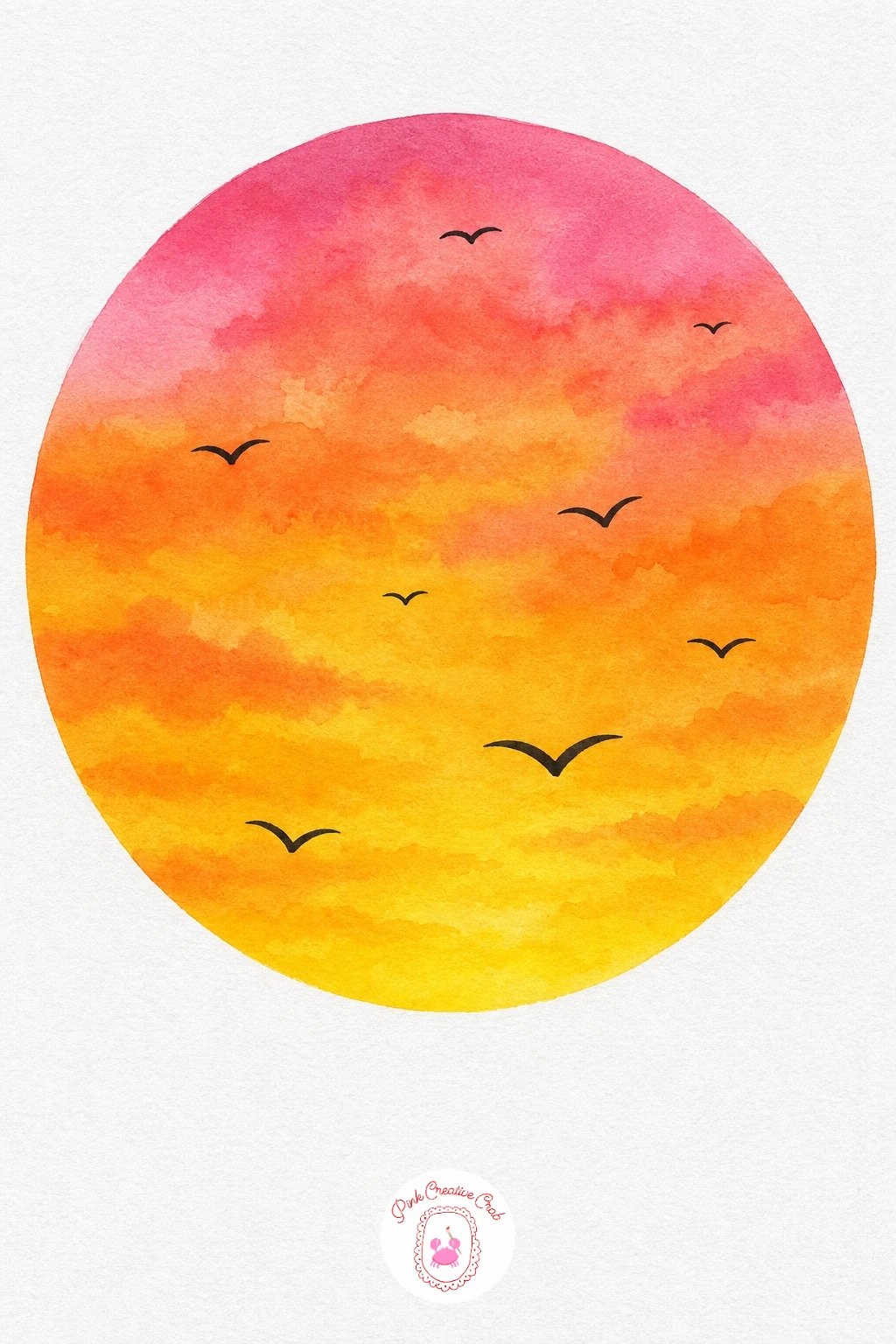 Sunset With Flying Birds — Fill the whole sky with a graduated wash, warm gold at the bottom rising into coral and soft violet at the top, blending the colors