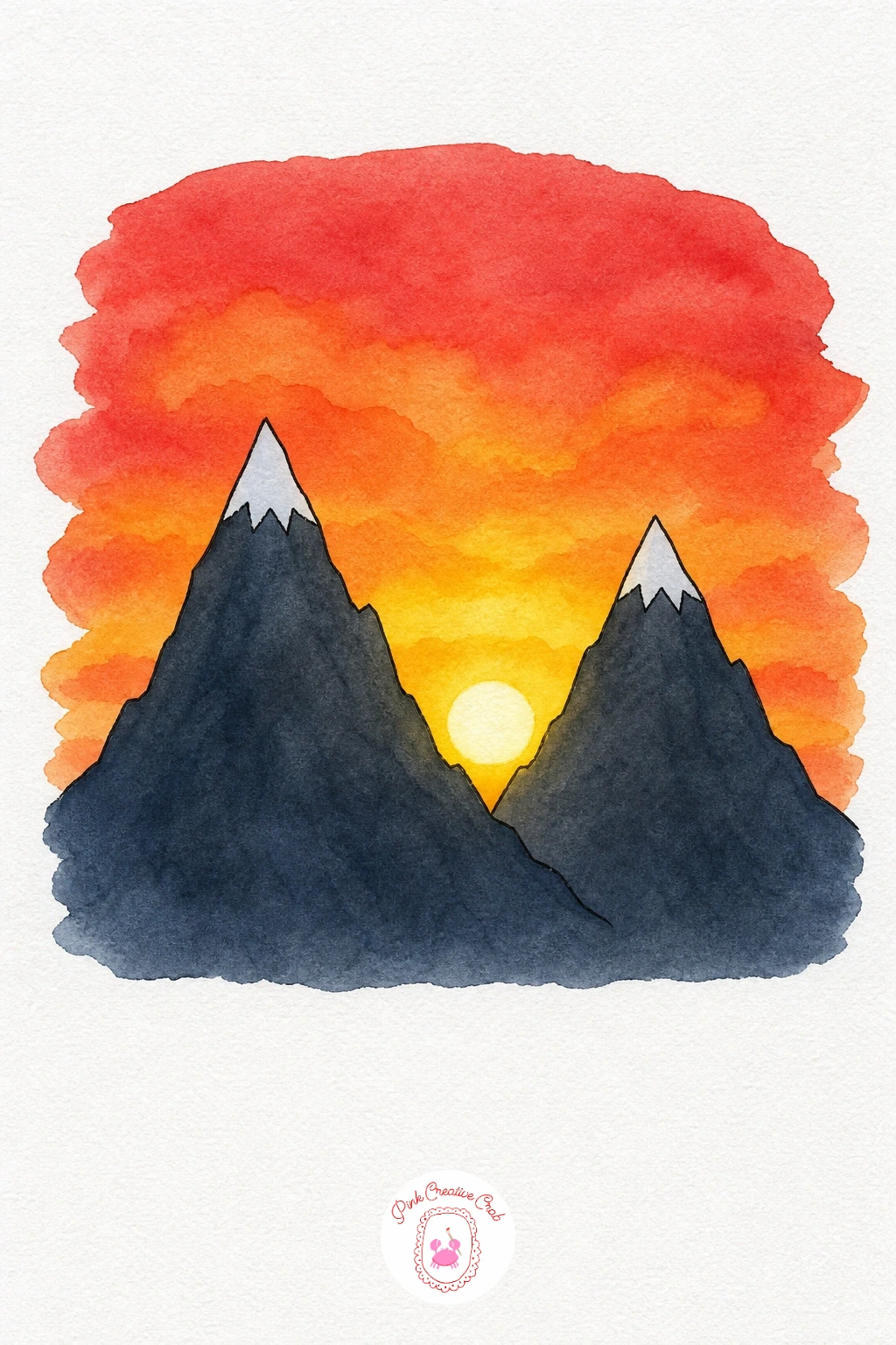 Sunset Behind Mountains — Paint the sky first in bold horizontal bands, deep red near the horizon rising into orange and then a pale warm yellow higher up