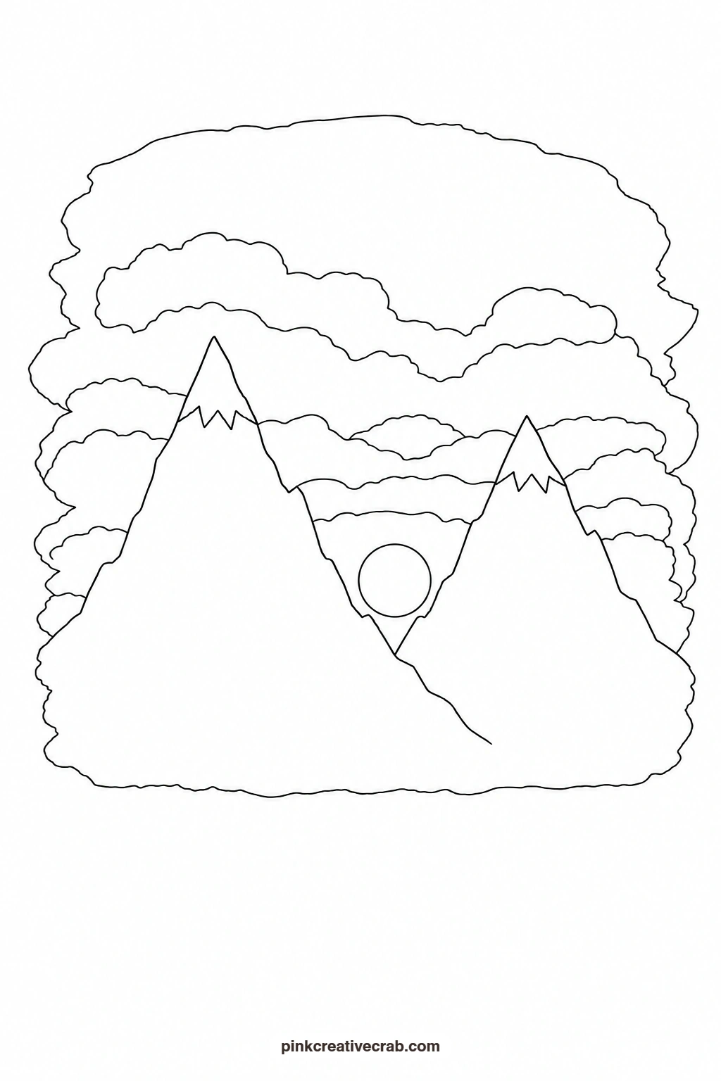 Sunset Behind Mountains Outline printable page. Watercolor sunset