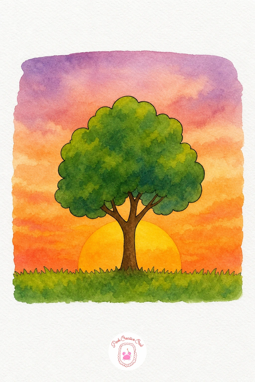 Sunset Over A Field With A Tree — Wash the sky in warm orange and soft yellow, then paint the field in one flat stroke of muted olive green across the bottom