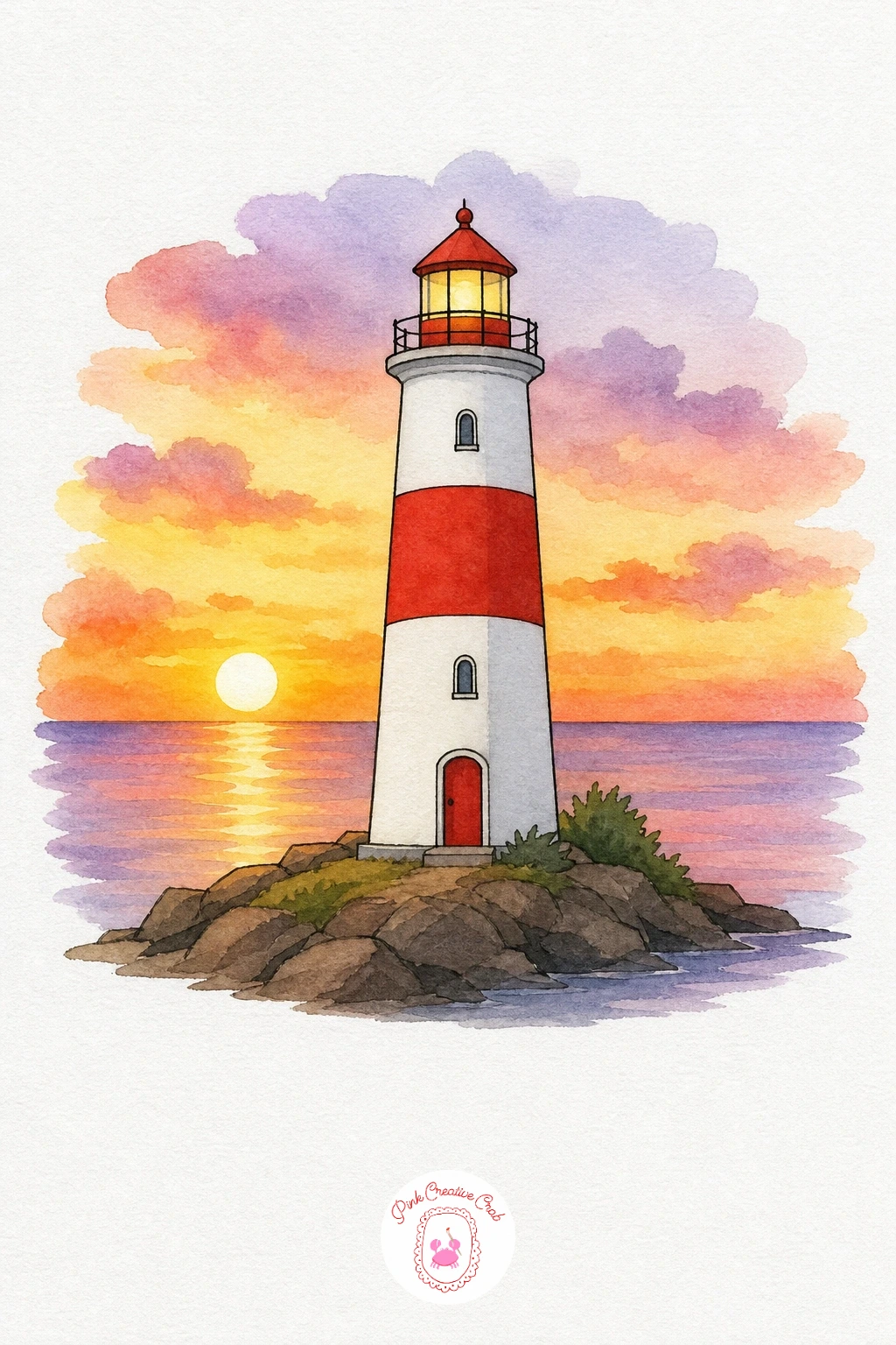Sunset With A Lighthouse — Paint the sky and sea in soft orange and pink washes first, letting the horizon blend gently where they meet. Watercolor sunset