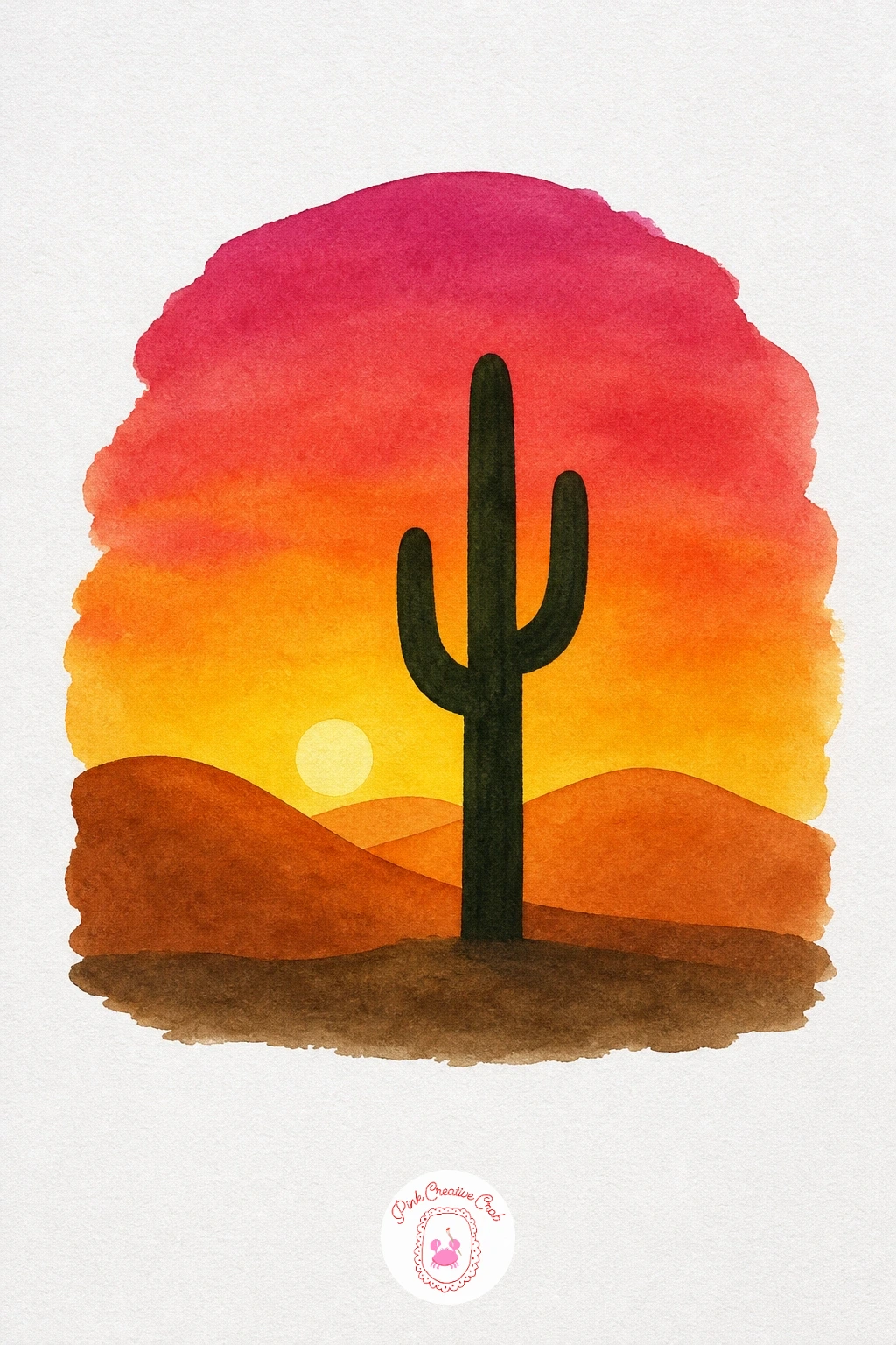 Desert Sunset — Wash the sky in bold warm tones, orange low down rising into magenta and deep purple at the top, since desert sunsets carry more saturated