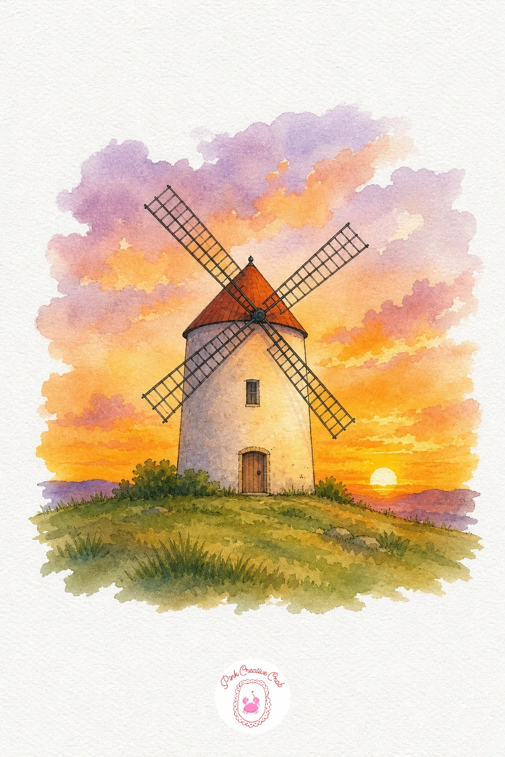 Sunset With A Windmill — Paint the sky and a flat strip of soft green ground first, letting the two washes meet softly at the horizon. Watercolor sunset
