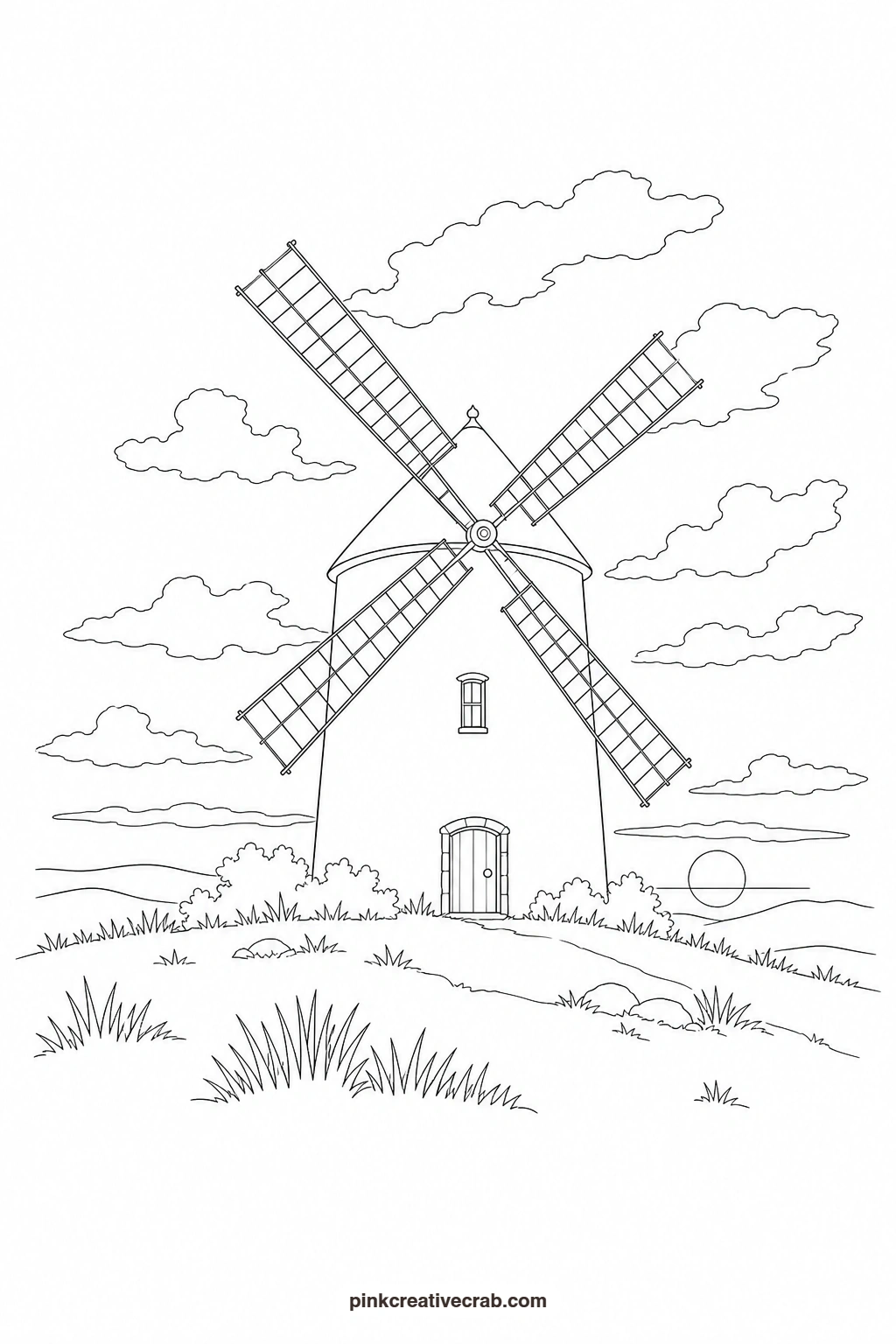 Sunset With A Windmill Outline printable page. Watercolor sunset