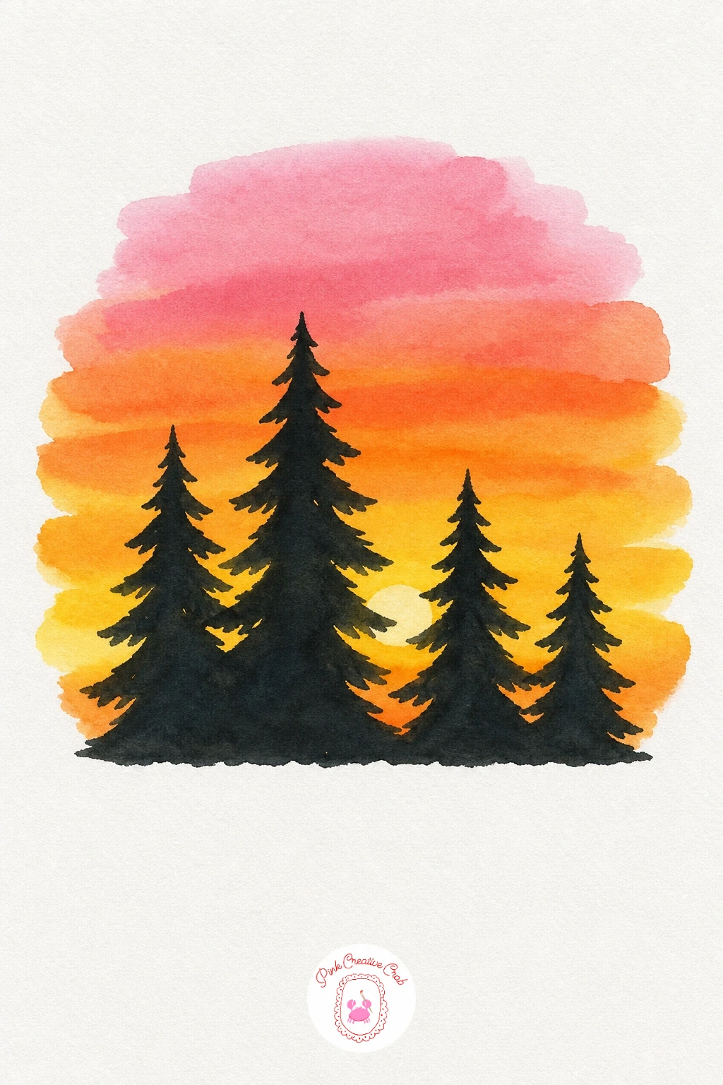 Sunset Behind Pines — Wash the sky in warm bands, gold near the horizon rising into soft rose and violet higher up, and let it dry fully before adding the