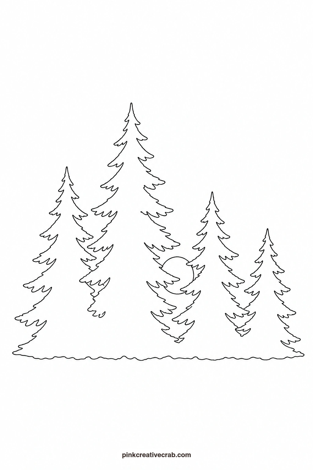 Sunset Behind Pines Outline printable page. Watercolor sunset