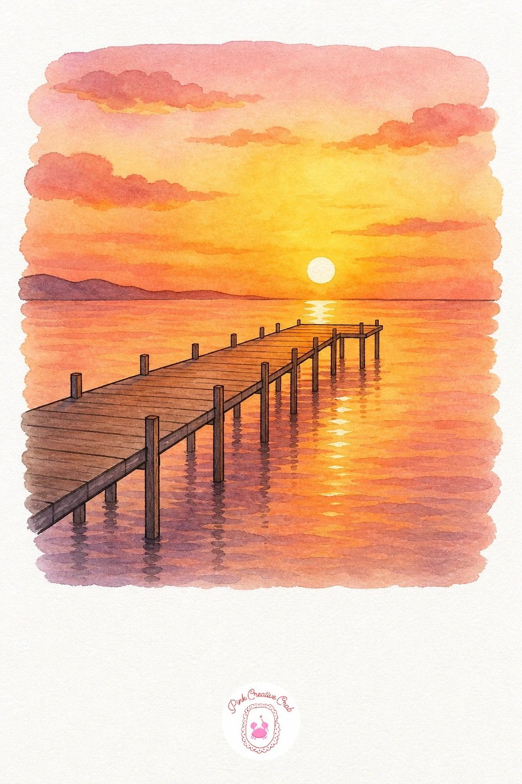 Sunset With A Pier — Paint the sky and water in matching warm washes, orange and pink above, the same colors echoed below the horizon for the sea, so the whole