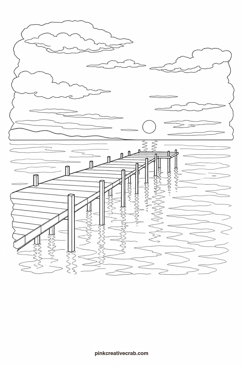 Sunset With A Pier Outline printable page. Watercolor sunset