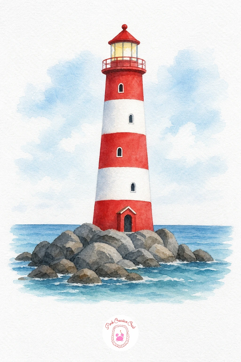 Lighthouse on Rocks — Wash the sky first in a light wash of cerulean, then let it dry while you mix your red. Sea watercolor painting