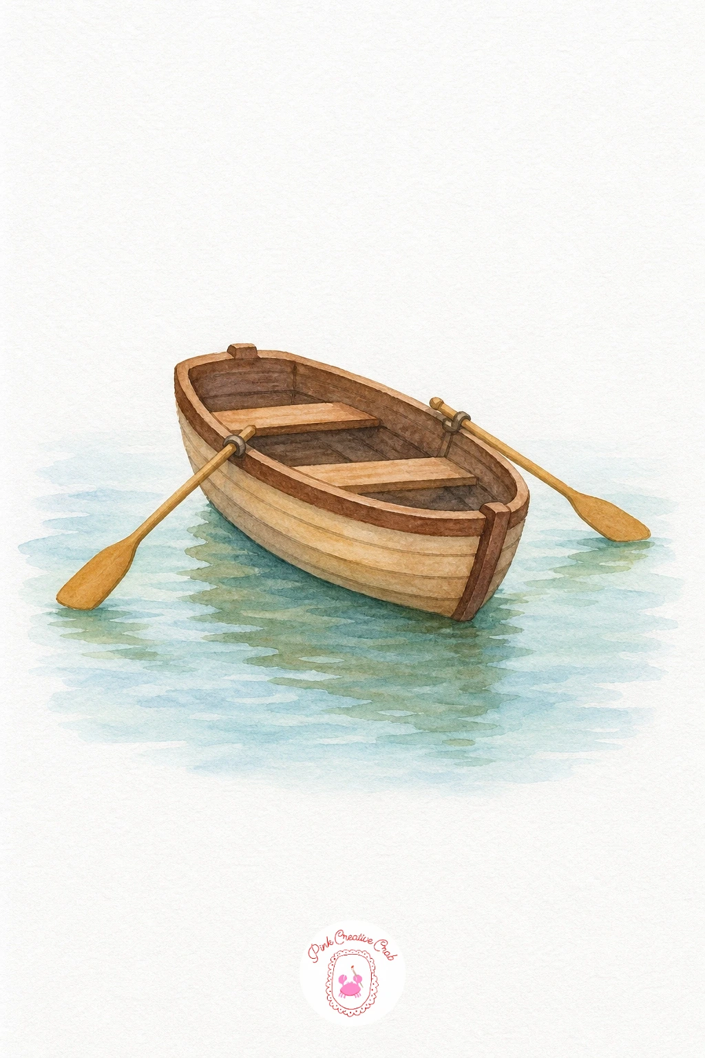 Rowboat on a Calm Sea — Keep the water nearly flat and calm: one thin wash of pale turquoise across the lower half, broken only by a few long horizontal