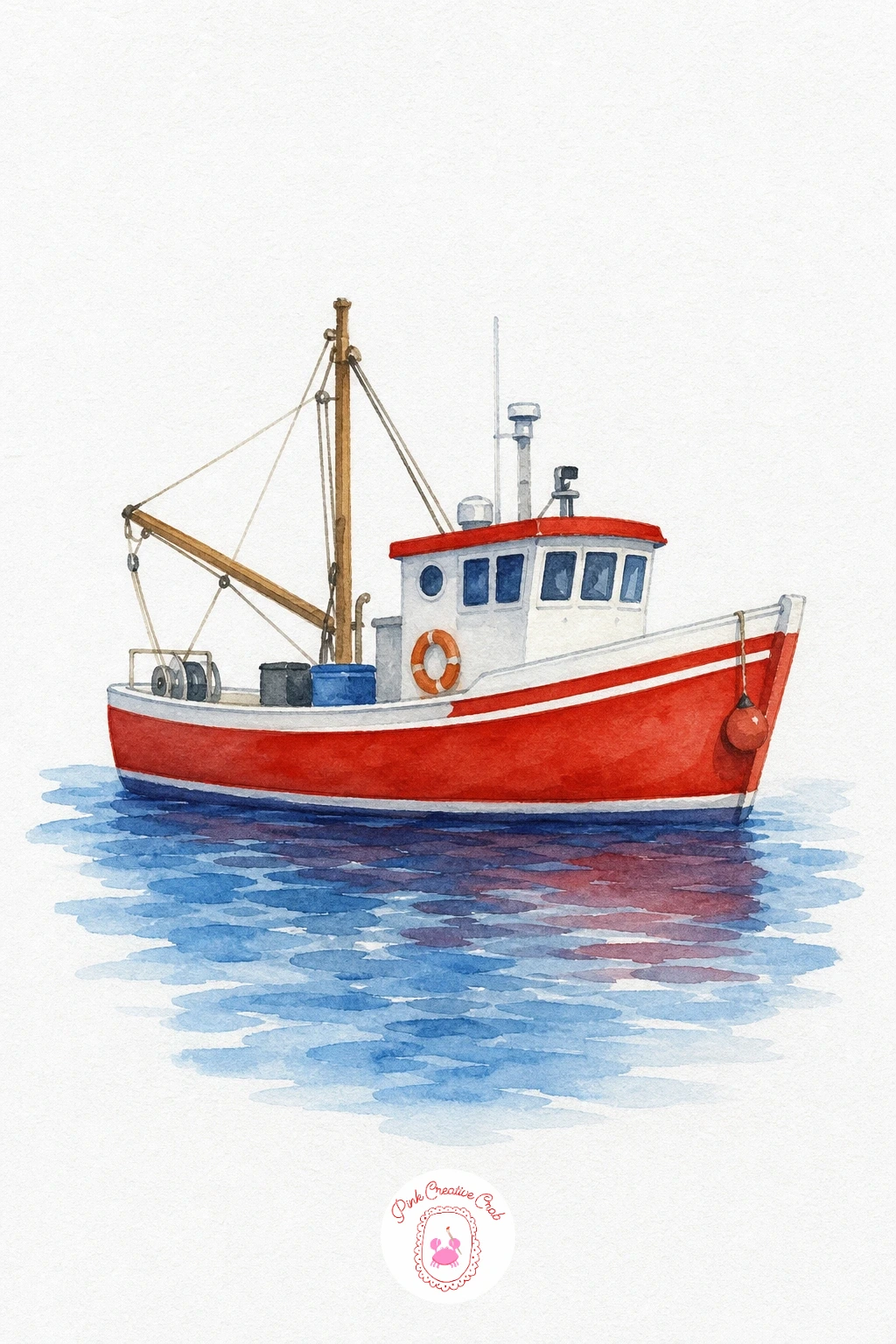 Fishing Boat — Build the boat in two clean colour blocks: cadmium red for the hull below the waterline, and white left bare or washed very pale grey for the