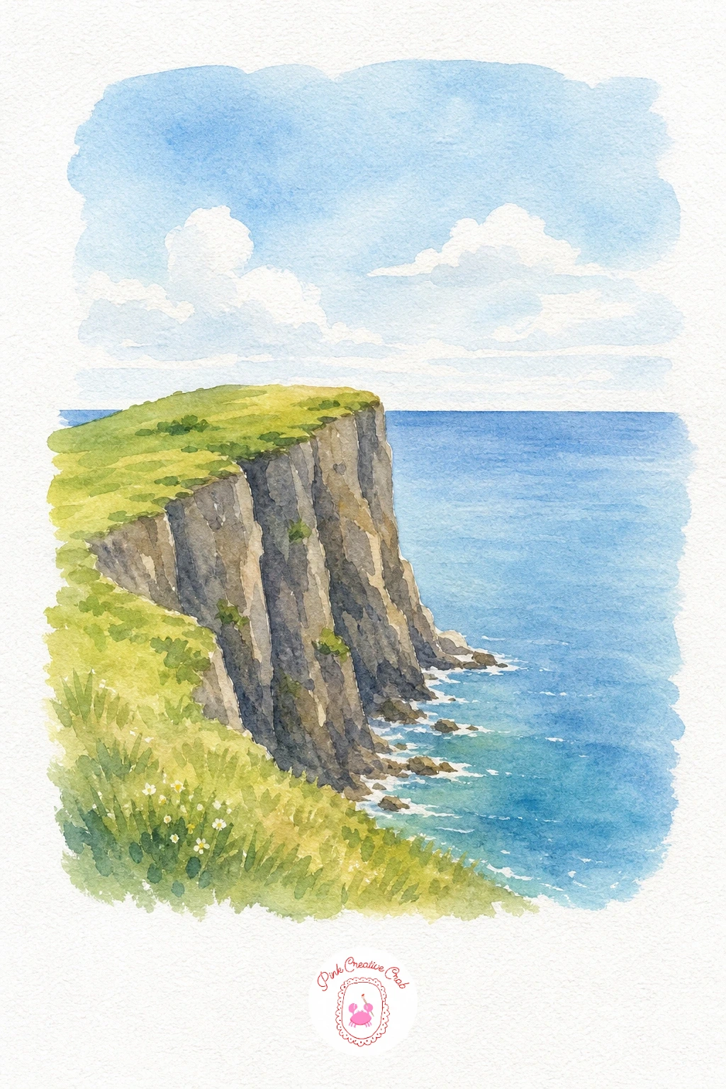 Cliff Over the Sea — This is the one landscape in the set, so keep it to three big shapes: sky, cliff, and sea. Sea watercolor painting
