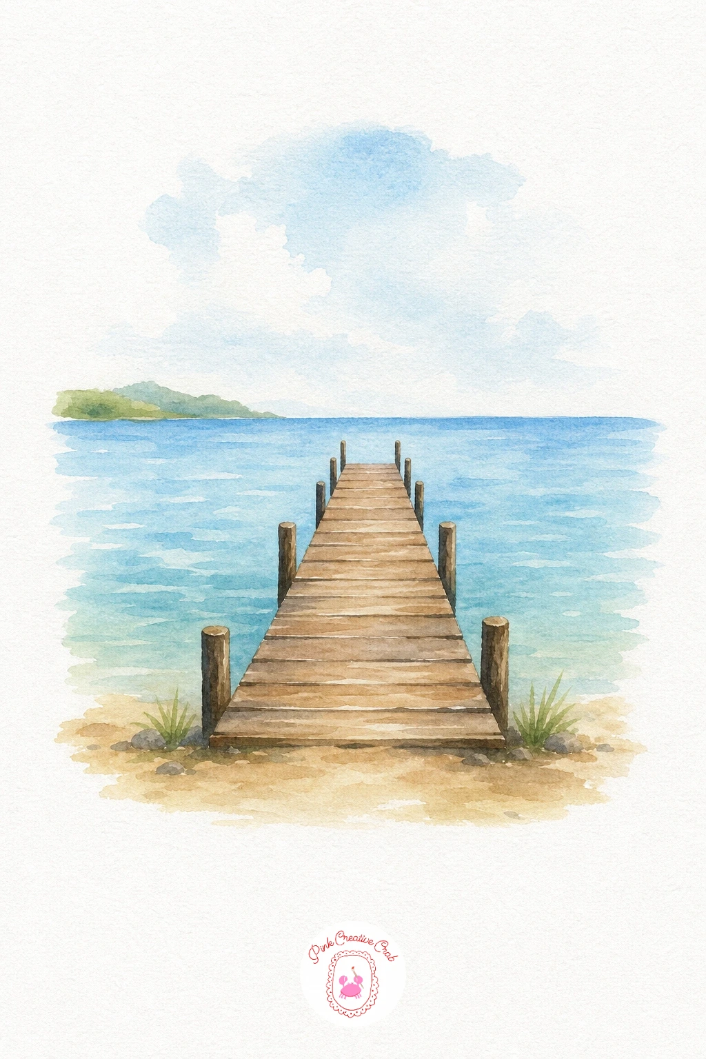 Pier Into the Water — Start with the water in a flat wash of pale turquoise, keeping it lighter near the horizon and a touch deeper near the shore. Sea