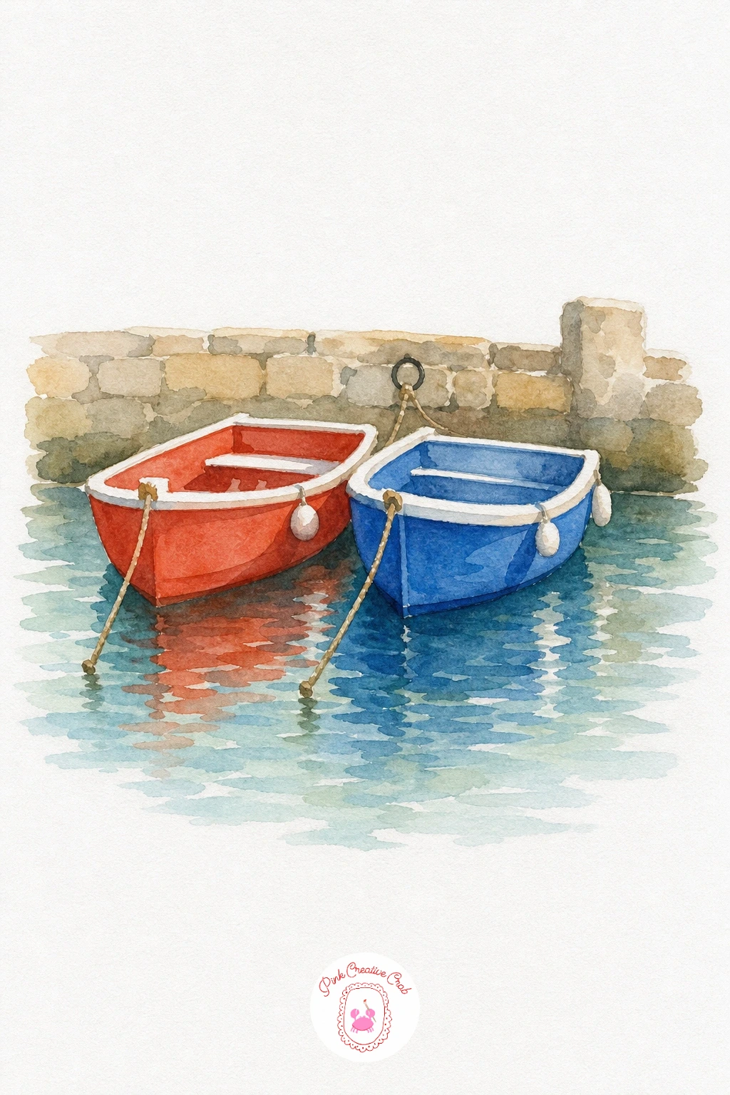 Harbor With Two Boats — Paint each boat in its own flat colour first, red for one hull and a soft blue for the other, so they read clearly apart even before
