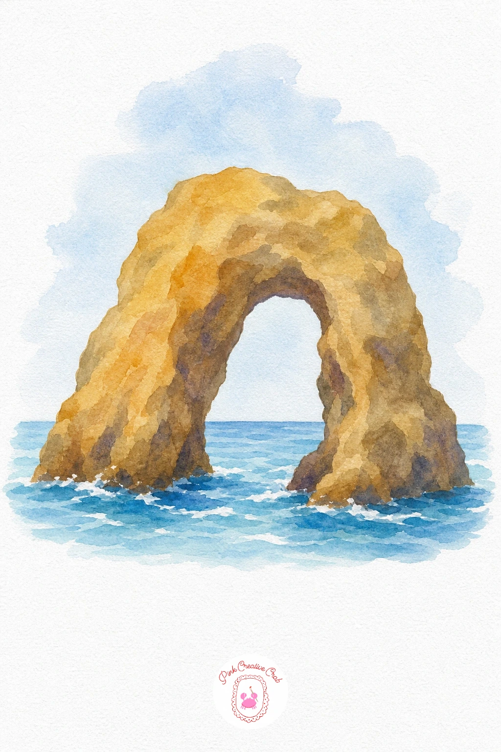 Sea Arch — Treat the arch as one big rock shape with a hole left bare for sky and sea showing through. Sea watercolor painting