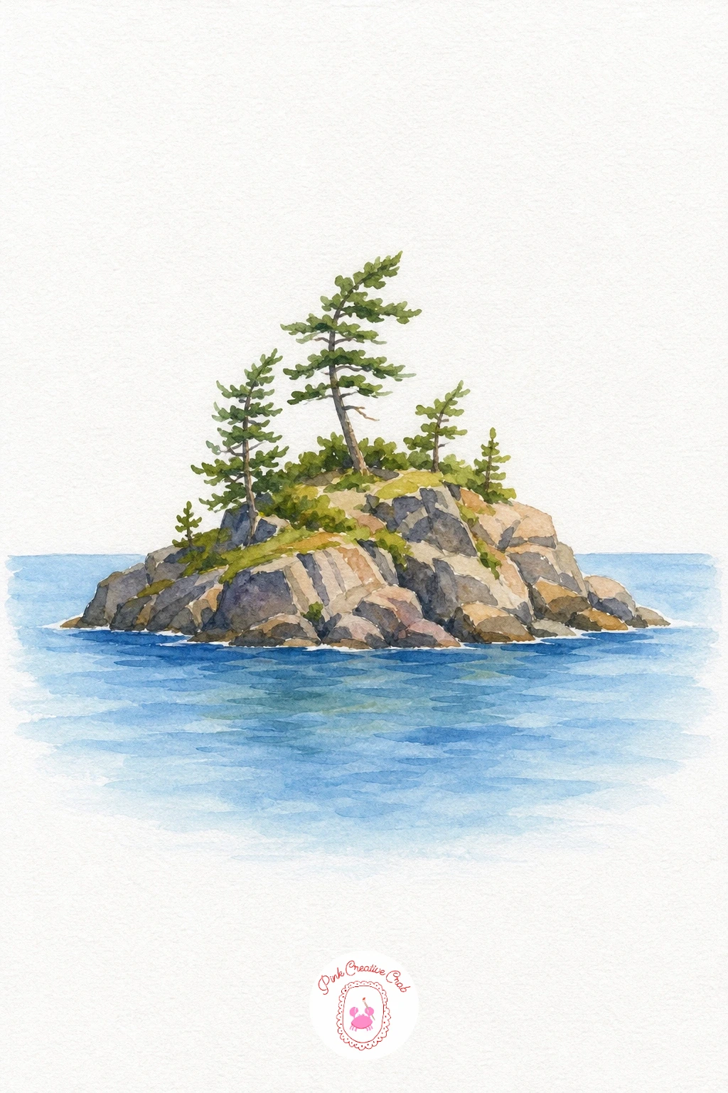 Rocky Island — Build the island from one solid rock shape in burnt umber and Payne's grey, pressing extra pigment into the base where it meets the water so the