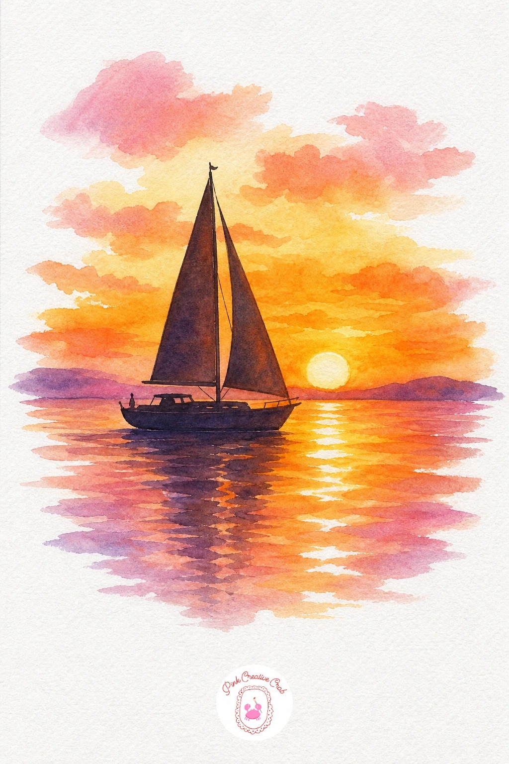 Sailboat at Sunset — Mix your sunset first: a graded wash moving from soft cadmium yellow near the horizon up through orange and into a dusty pink, blended wet